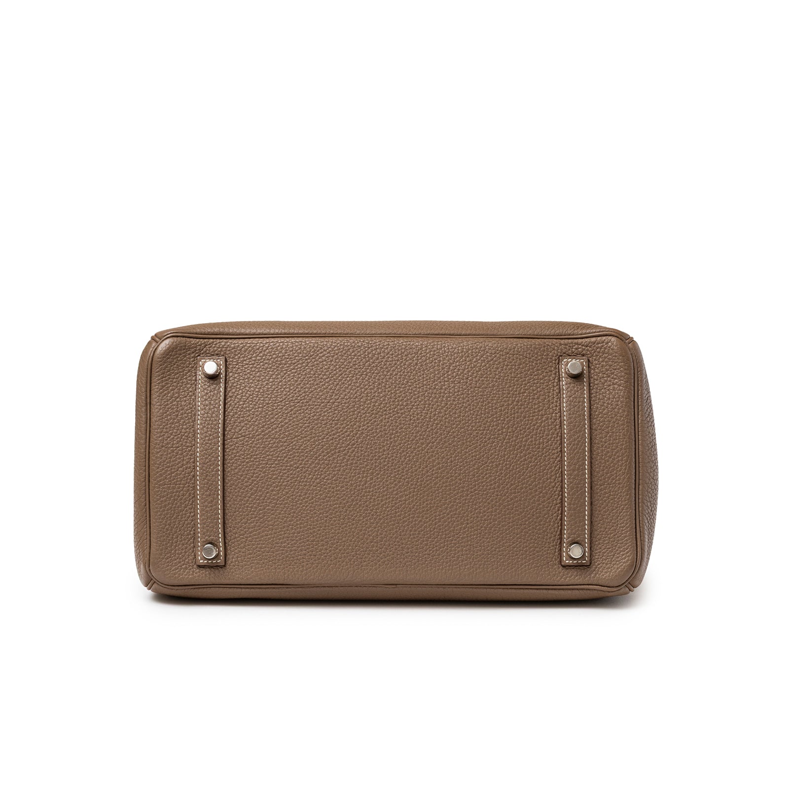 Bottom view of Hermès Birkin 35 Etoupe Togo Palladium Hardware showing togo leather