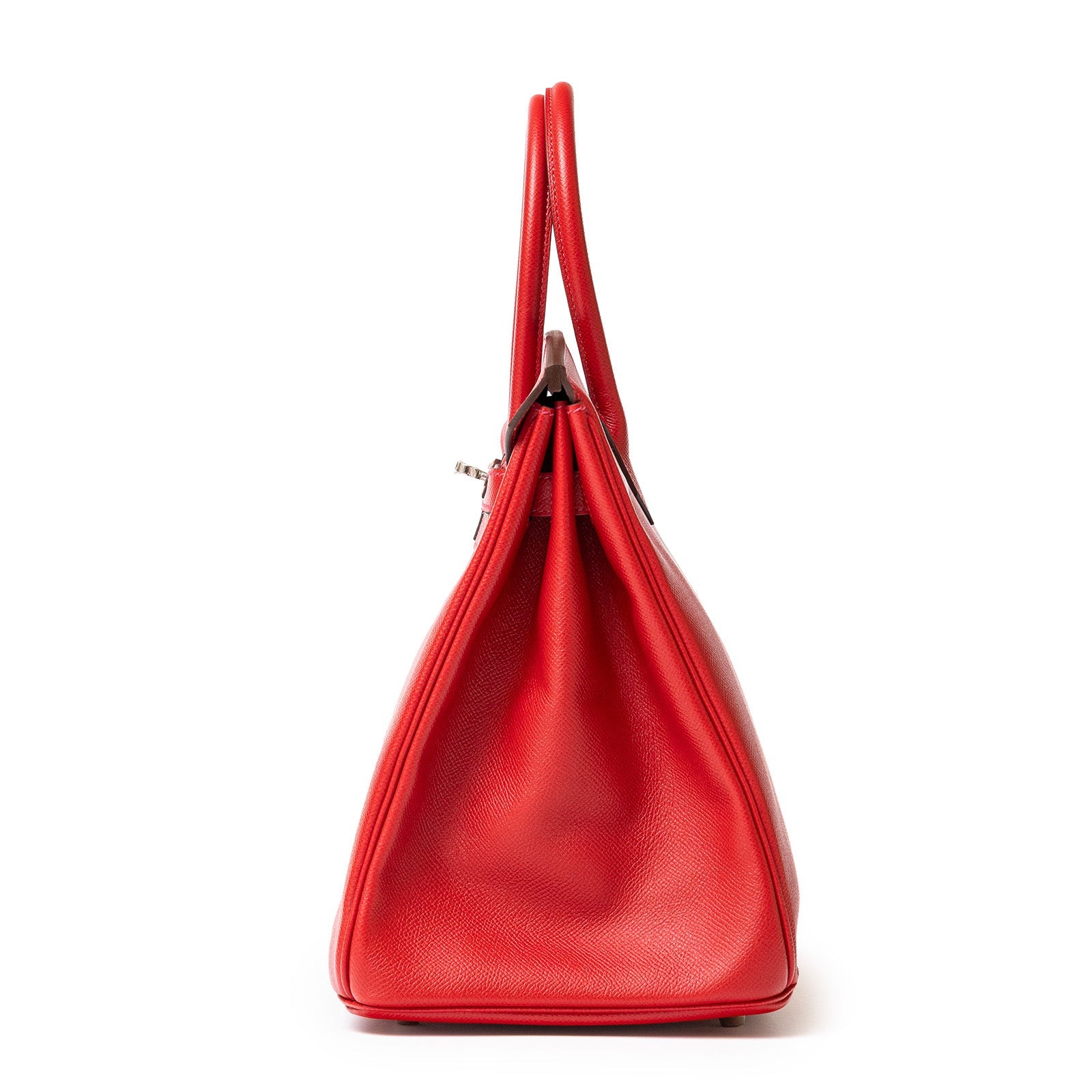 Side view of Hermès Birkin 35 Rouge Casaque Epsom leather handbag with palladium hardware.