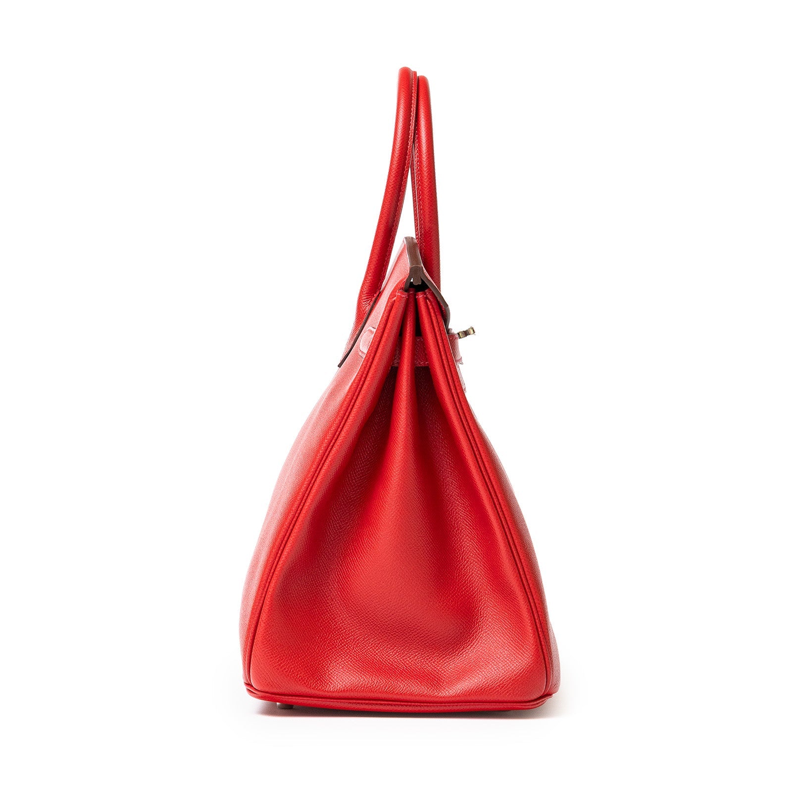 Side view of Hermès Birkin 35 Rouge Casaque Epsom leather bag with palladium hardware, like new condition.