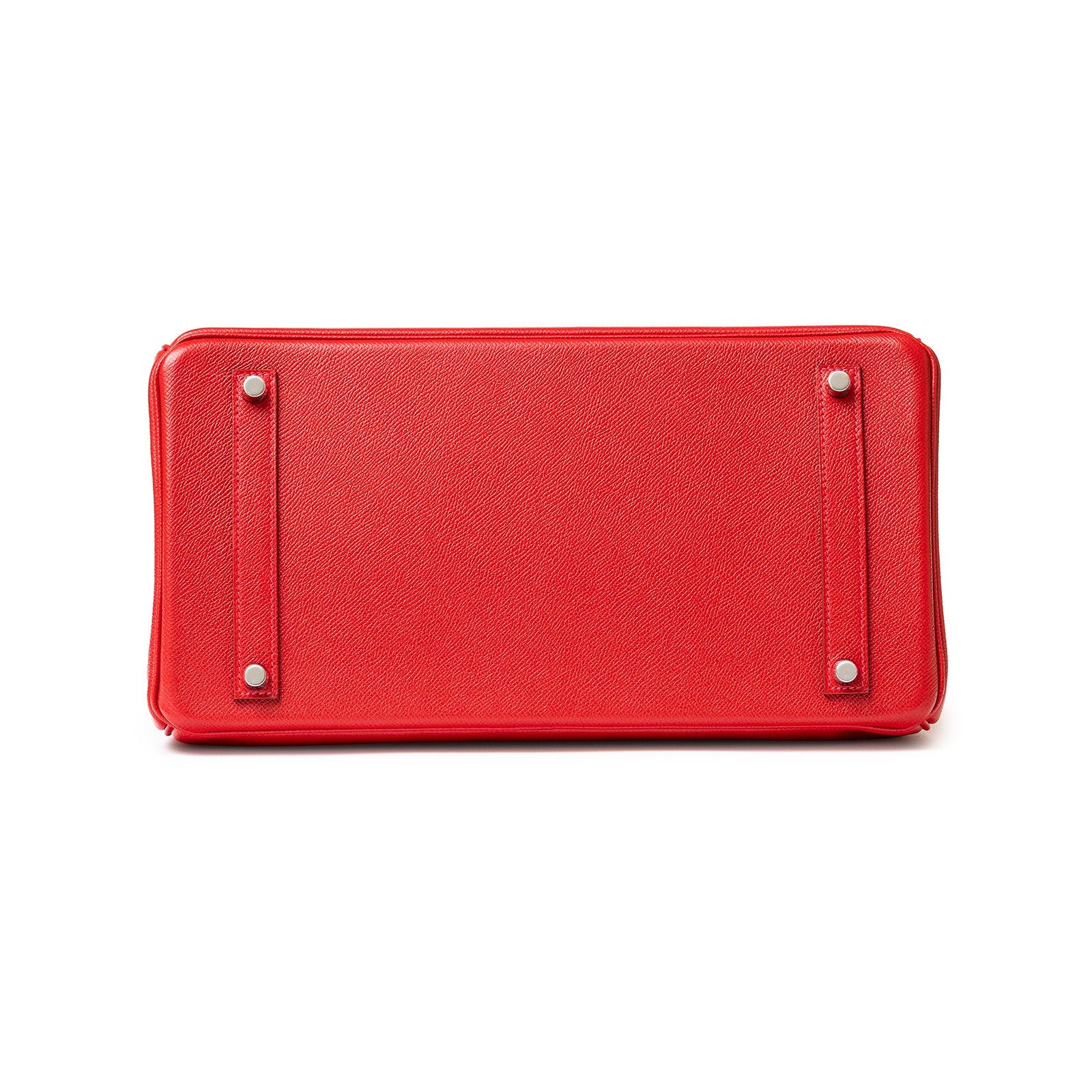 Bottom view of Hermès Birkin 35 Rouge Casaque Epsom leather bag with palladium hardware feet.