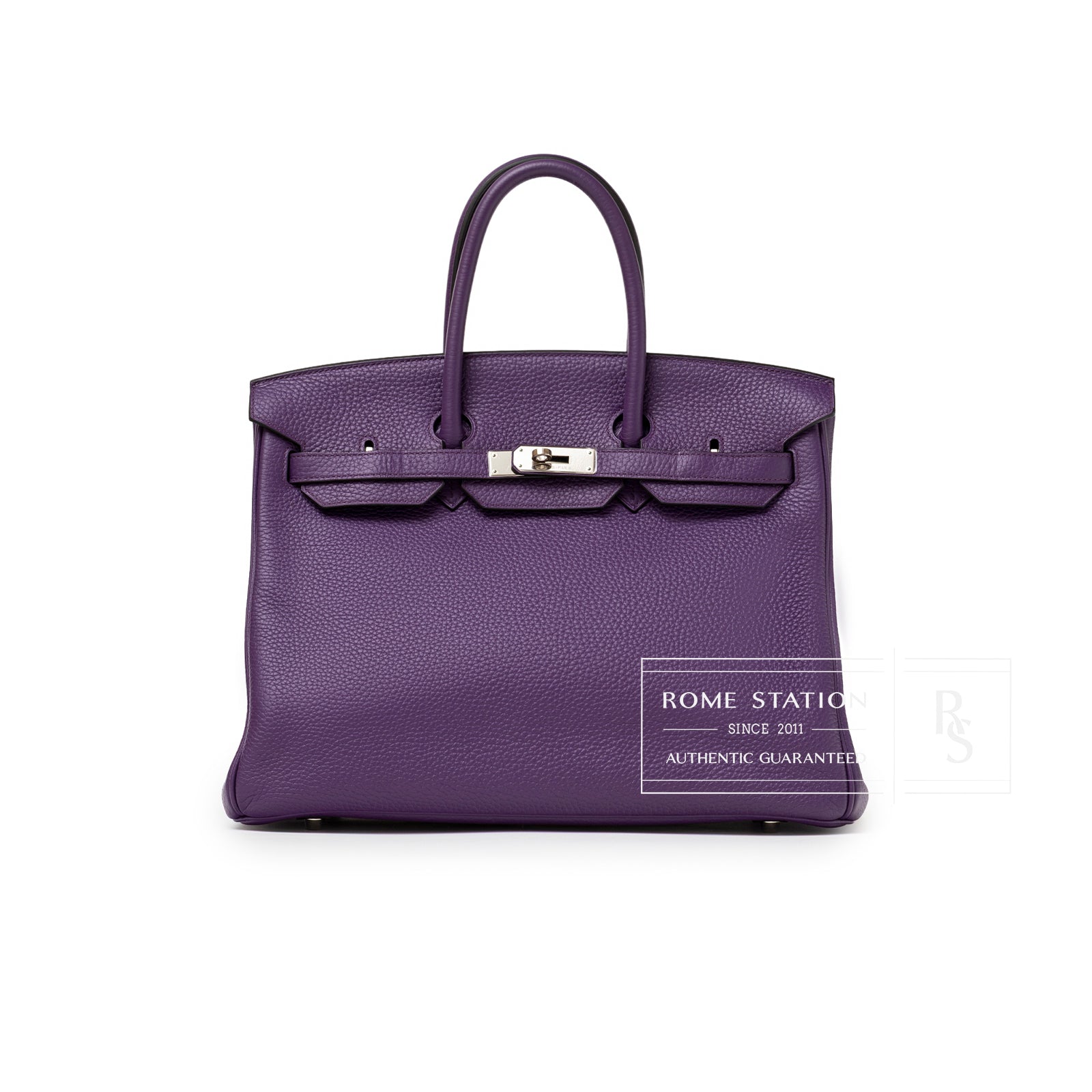 Front view of Hermès Birkin 35 Violet Togo Palladium Hardware showing pebbled leather and silver clasp detail