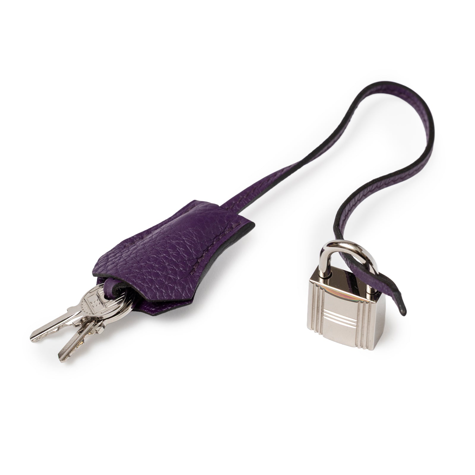Leather key holder and silver lock on a violet strap from Hermès Birkin 35 Violet Togo Palladium Hardware