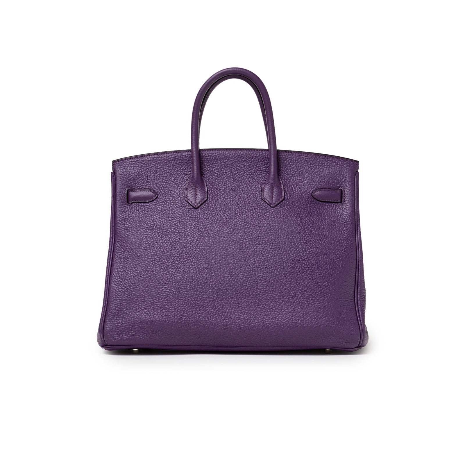 Back view of Hermès Birkin 35 Violet Togo Palladium Hardware showing smooth pebbled leather and curved handles