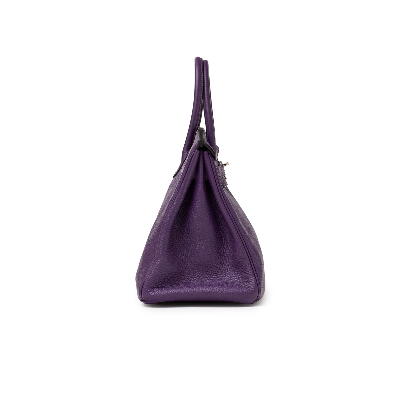 Side profile showcasing the structured silhouette and rich violet togo leather of Hermès Birkin 35 Violet Togo Palladium Hardware