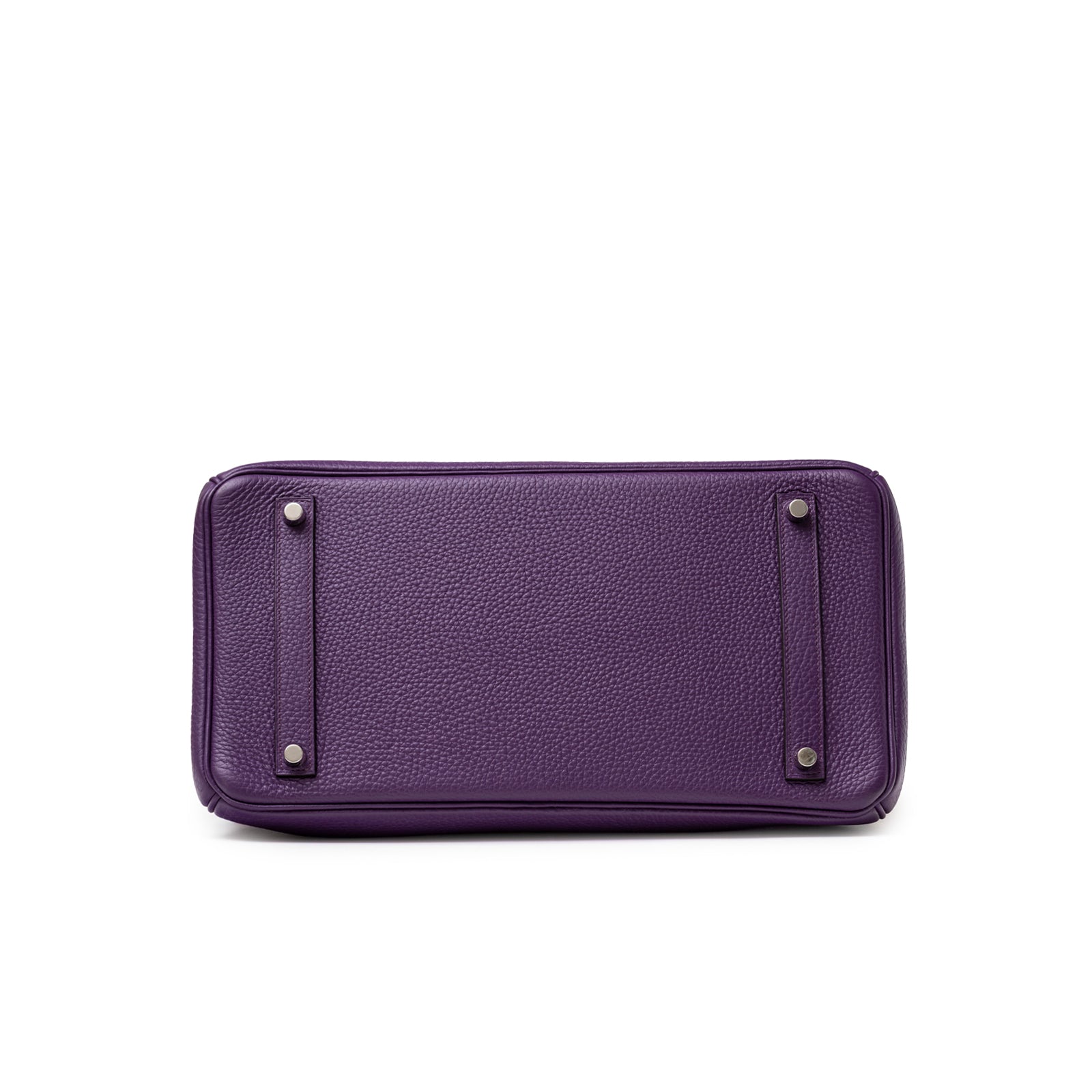 Bottom view showing pebbled violet togo leather and palladium hardware feet on Hermès Birkin 35 Violet Togo Palladium Hardware