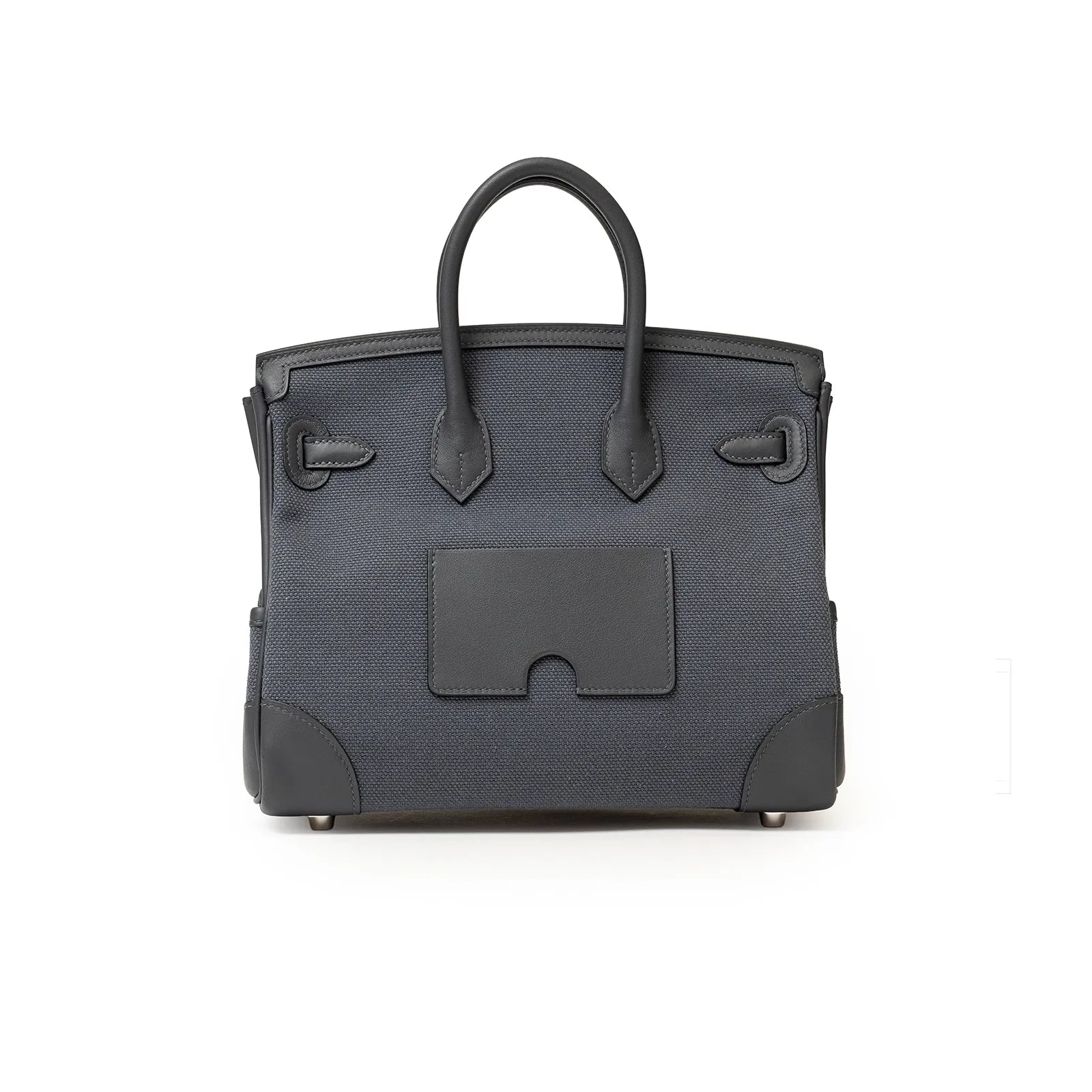 Back view of Hermès Birkin Cargo 25 in gray canvas and Swift leather with palladium hardware detailing.
