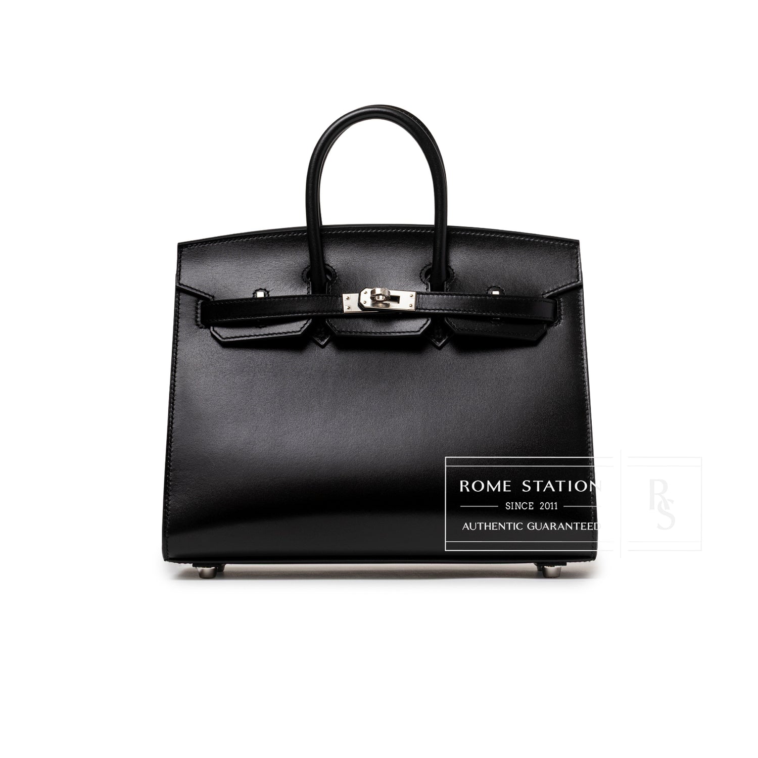 Front view of Hermès Birkin Sellier 25 Black Box Palladium Hardware with smooth black leather and clasp detail