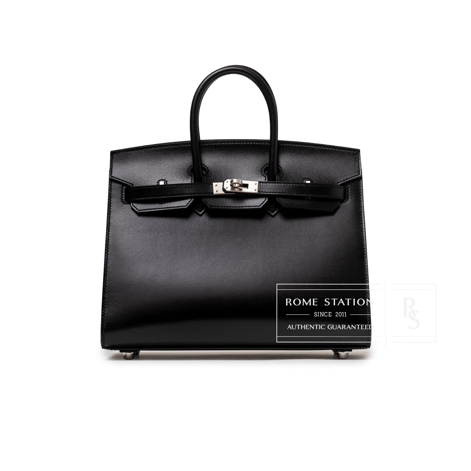 Front view of Hermès Birkin Sellier 25 Black Box Palladium Hardware with smooth black leather and clasp detail