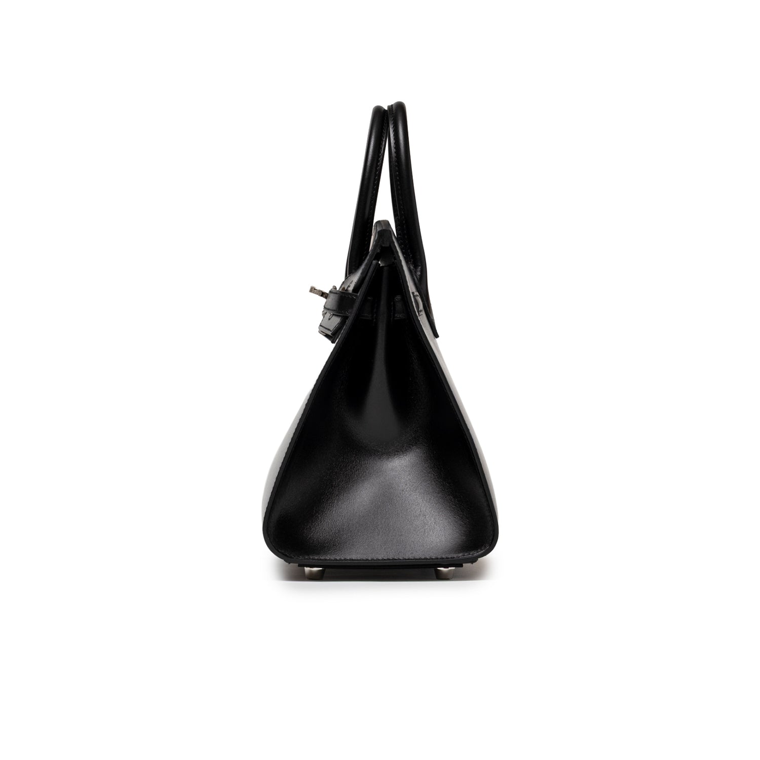 Side profile of Hermès Birkin Sellier 25 Black Box Palladium Hardware showing smooth leather and structured silhouette