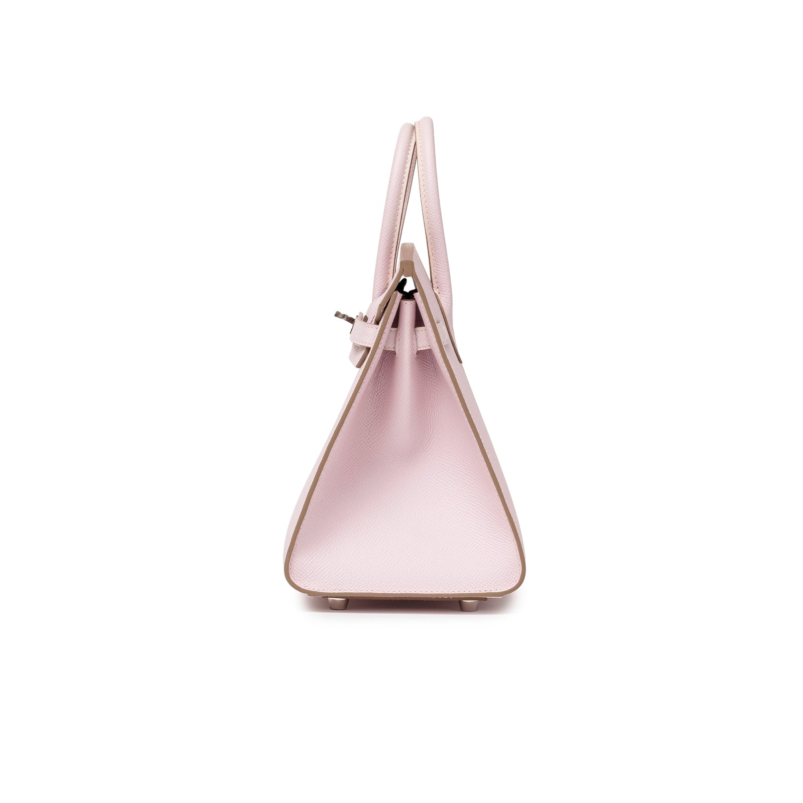 Side angle of Hermès Birkin Sellier 25 Mauve Pale Epsom Palladium Hardware showing slim silhouette and smooth finish
