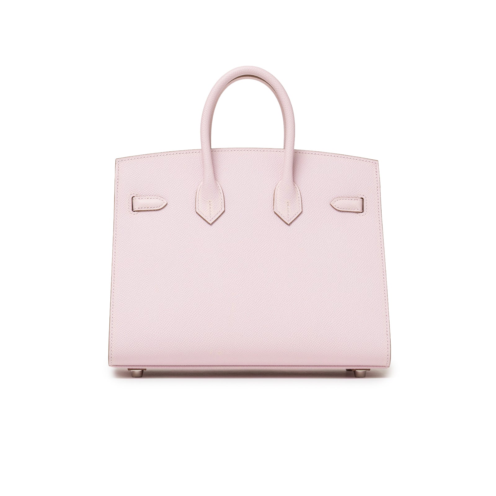 Back view of Hermès Birkin Sellier 25 Mauve Pale Epsom Palladium Hardware with smooth leather and structured handles