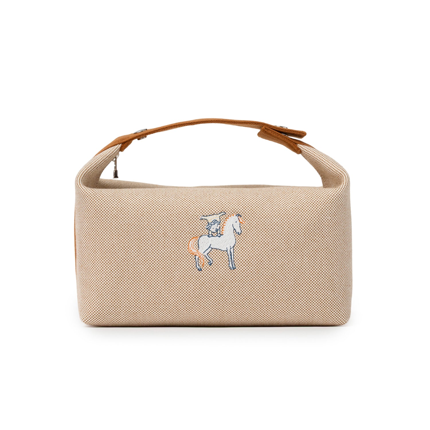 Front view of Hermès Bride-A-Brac Cabriole Case GM Toile Biscuit with horse and rider embroidery on beige canvas