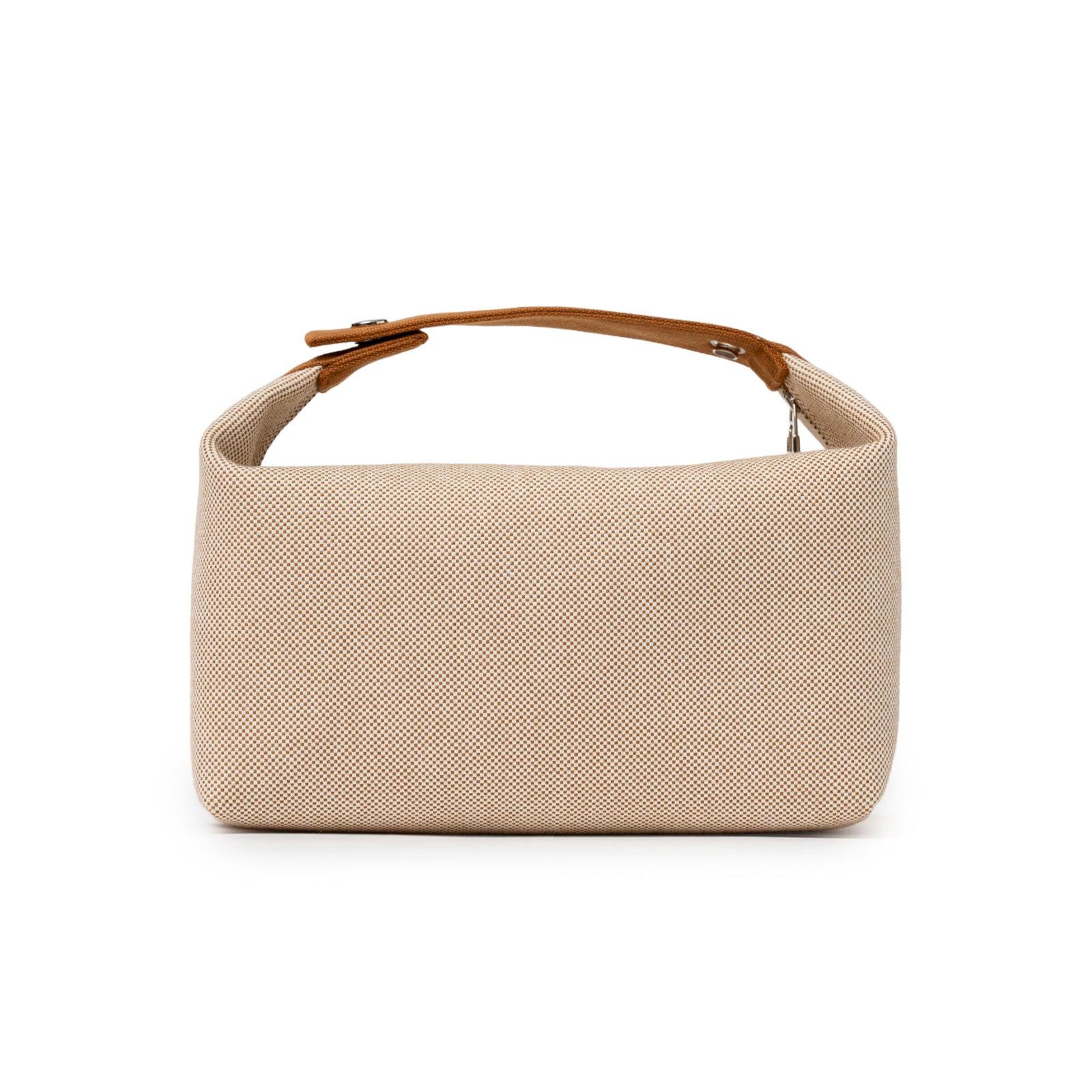 Back view of Hermès Bride-A-Brac Cabriole Case GM Toile Biscuit with textured beige fabric and tan leather strap
