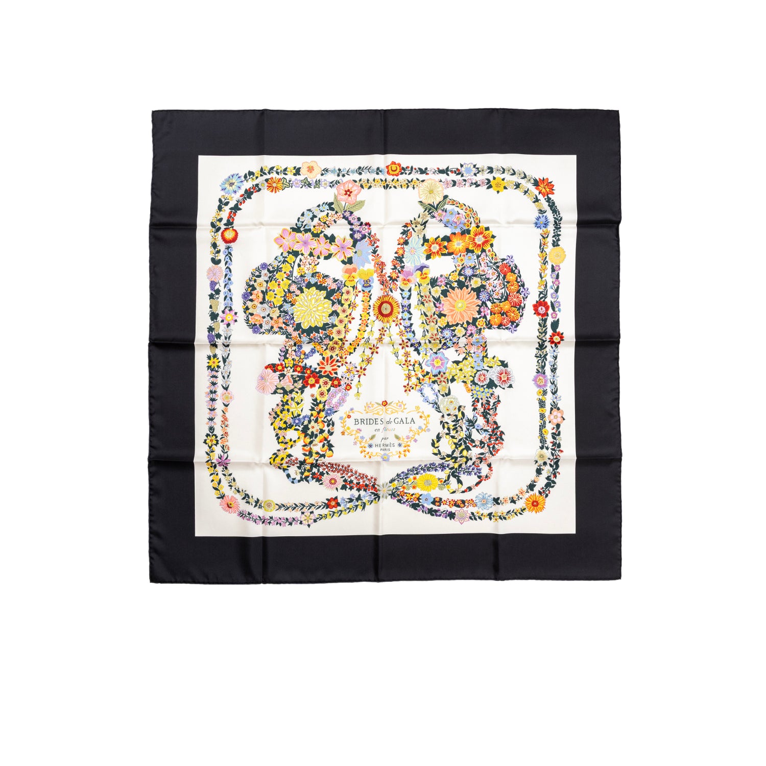 Top-down view of Hermès Brides de Gala en Fleurs Scarf 90 Su/Black/Ivory/Multi with floral butterfly design and black border.
