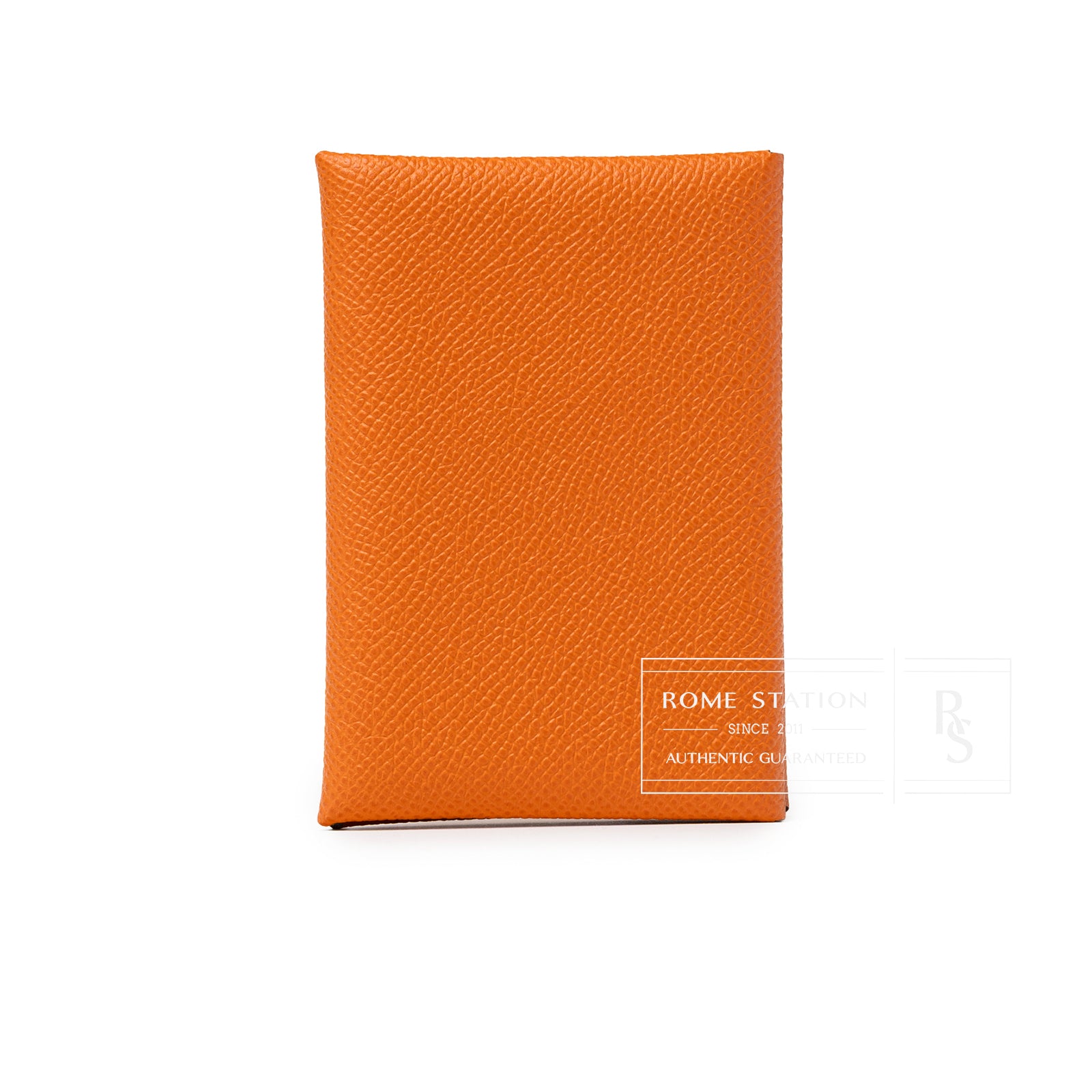 Front view of Hermès Calvi Duo Compact Verso Card Holder Orange Lime Epsom Palladium Hardware