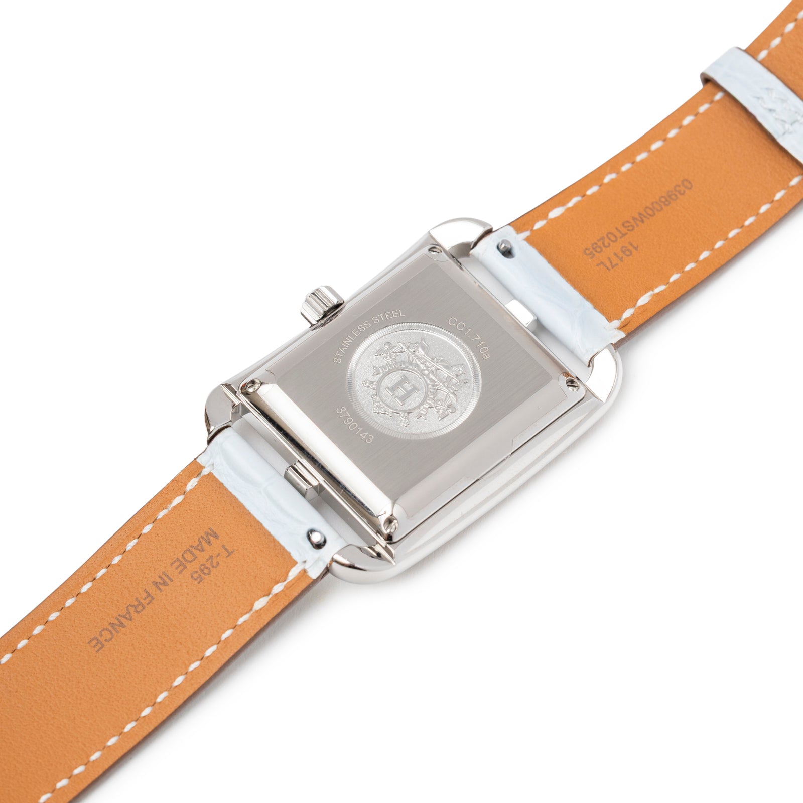 Back view of Hermès Cape Cod Automatic Watch Large Model Blue Brume Matte Alligator showing case back and leather strap lining
