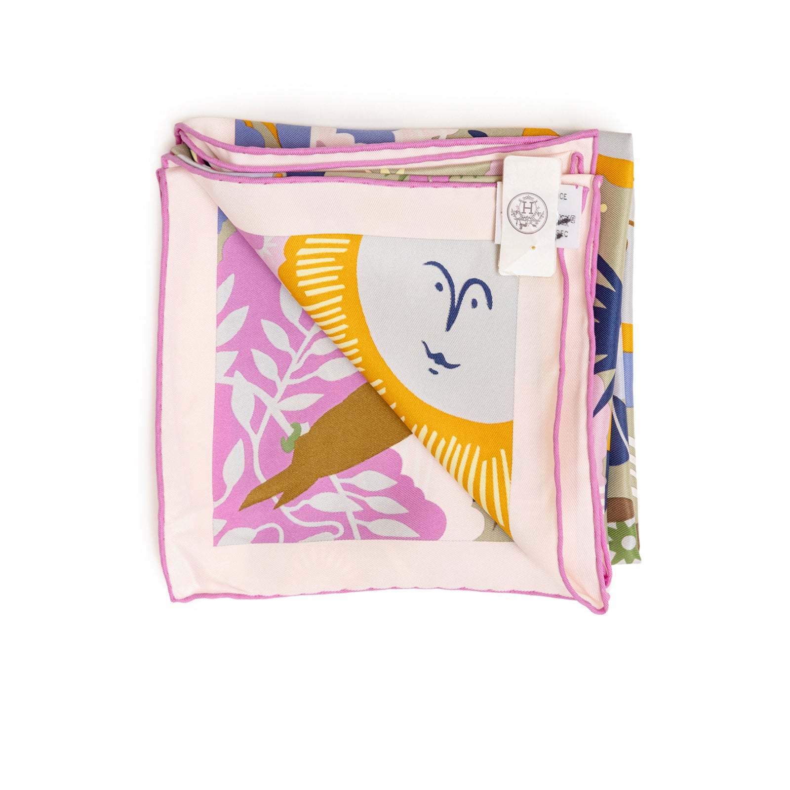 Folded Hermès Carre 70 Vintage Au Royaume D'Helios Vert Amande Parme scarf showing sun and leaf motifs with pastel borders