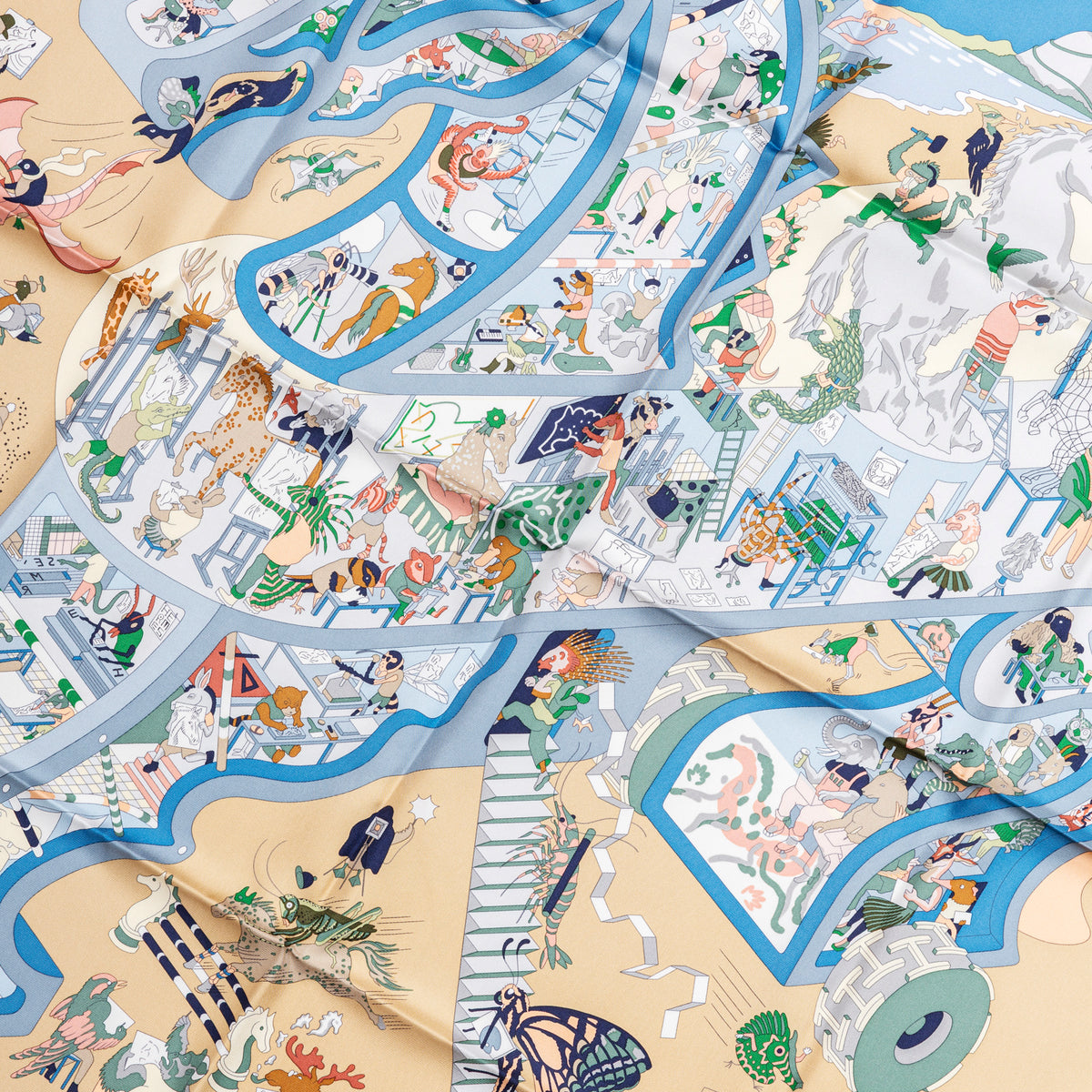 Hermès Carre 90 Academia Hippica Scarf Blue Azur Beige Dore Vert equestrian scene print