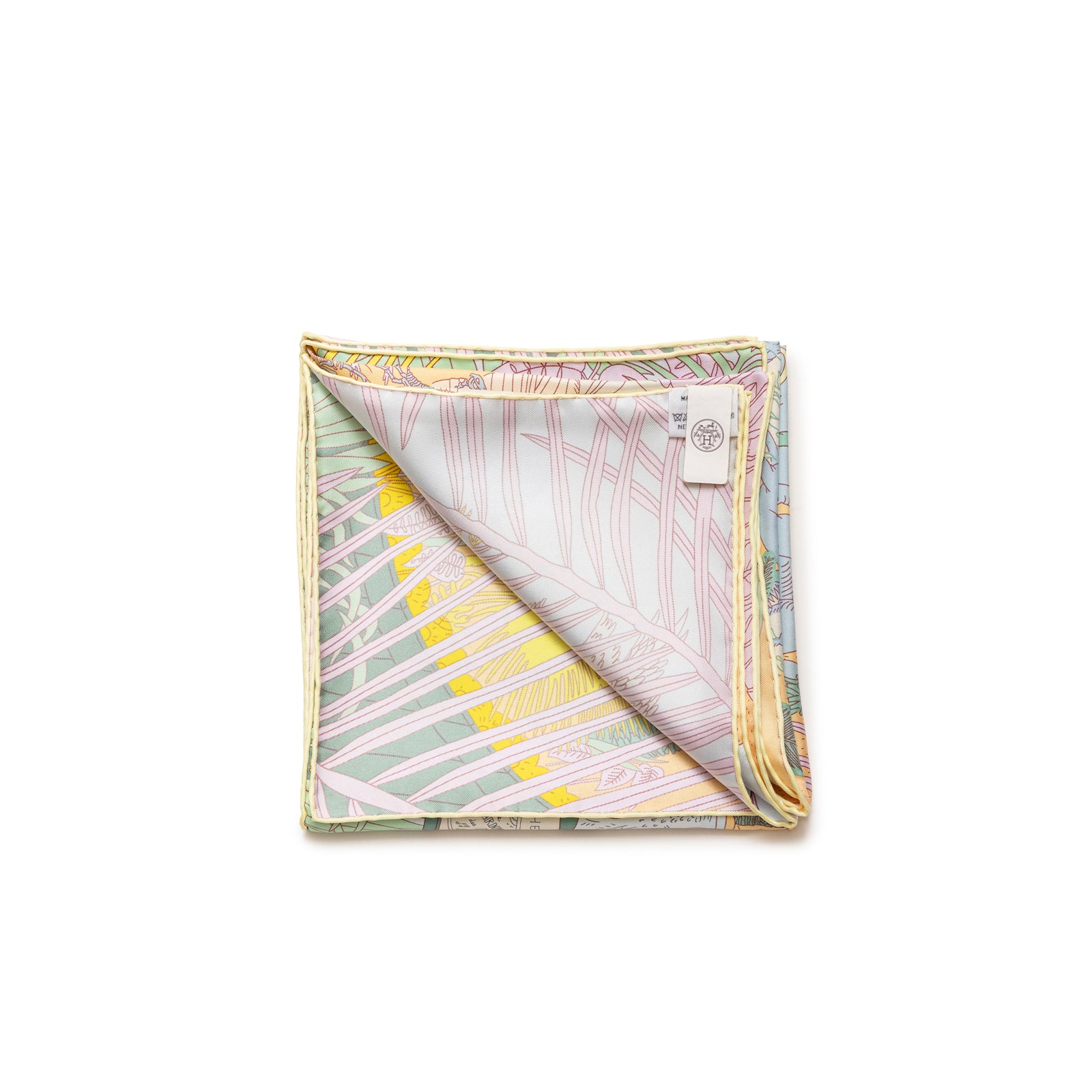 Folded Hermès Carre 90 Le Carnaval des Animaux Silk Scarf Blue Glacier Jaune Vif Gris showing intricate patterns and silk texture.