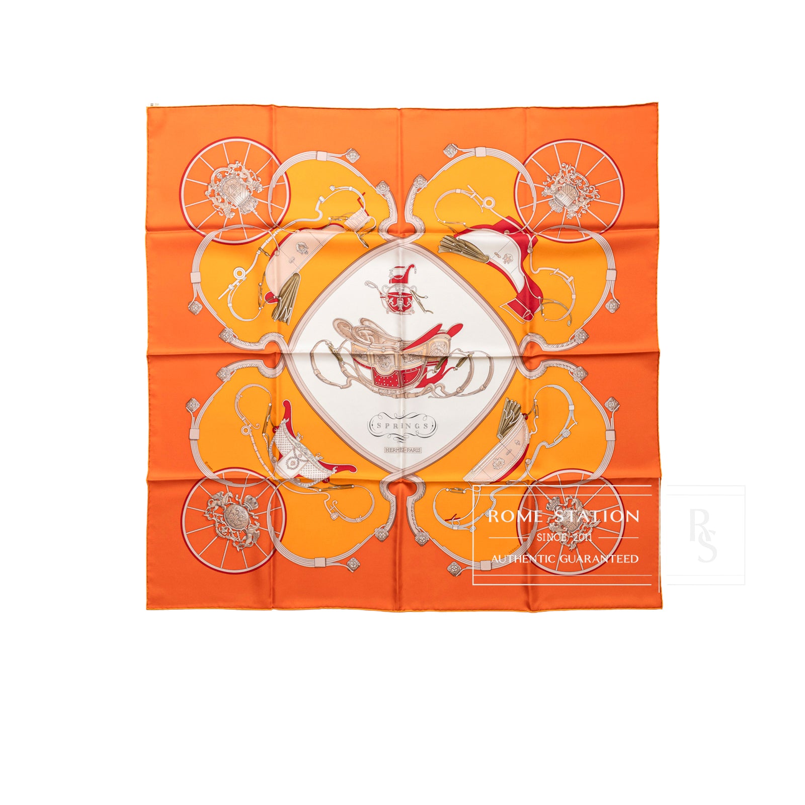 Flat lay of Hermès Carre 90 Springs Silk Scarf Capucine Orange Blanc with intricate equestrian design on orange background