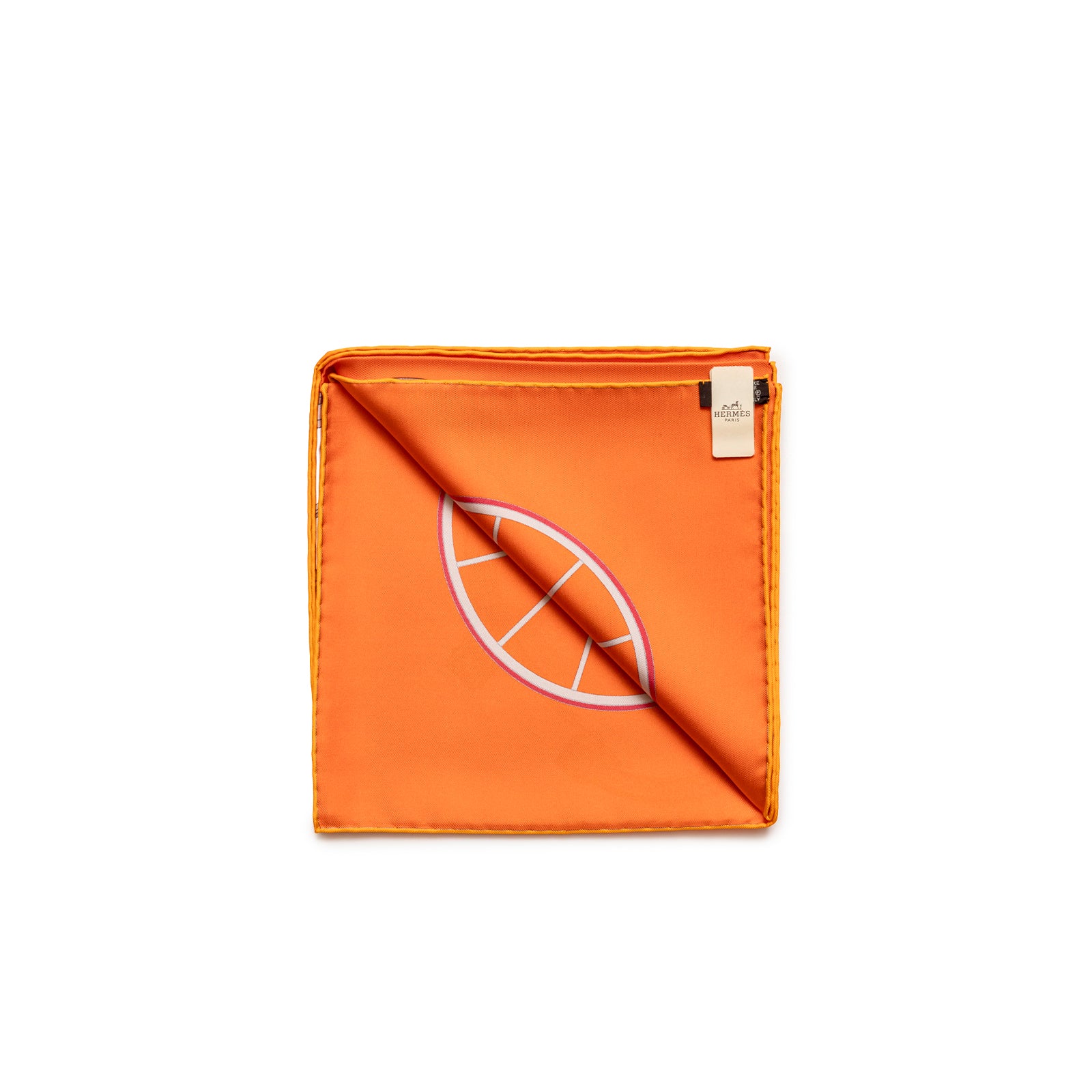Top-down view of folded Hermès Carre 90 Springs Silk Scarf Capucine Orange Blanc showing orange tones and part of the design.