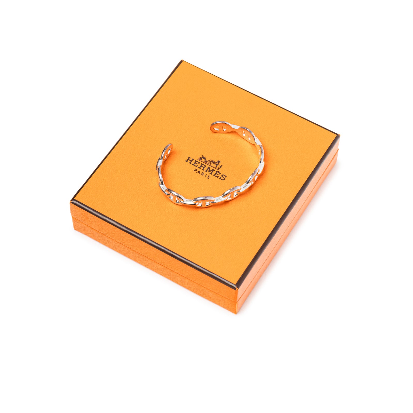 Hermès Chaine d'ancre Enchainee Silver Bracelet Medium Model on signature orange Hermès box