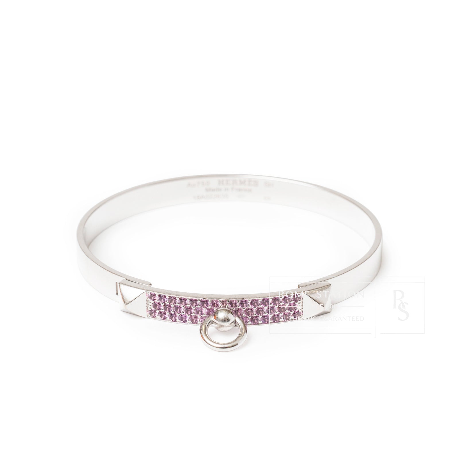 Front angled view of Hermès Collier de Chien Bracelet Small Model 18K White Gold Pink Sapphire with pink gems and ring detail