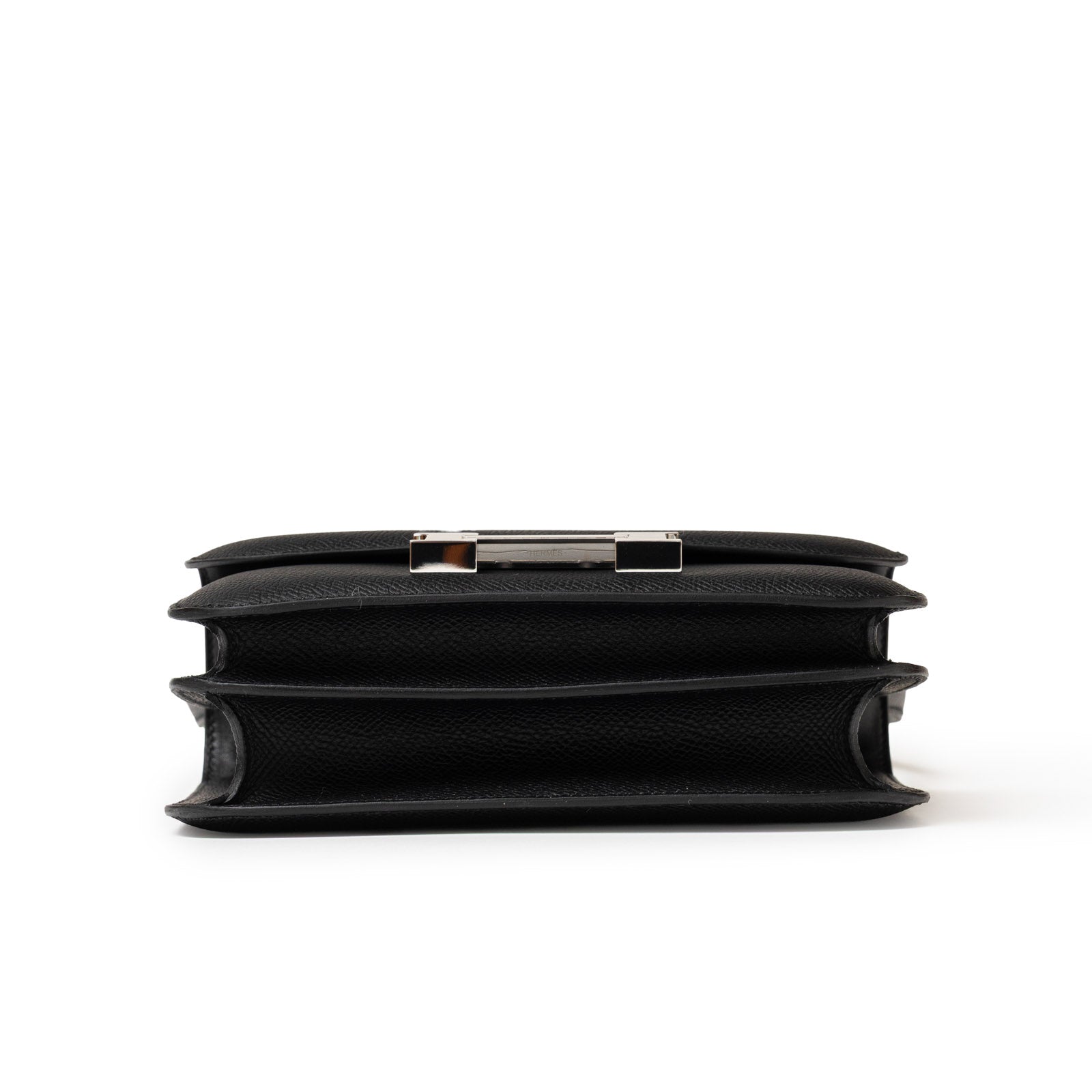 Bottom view showcasing the layered compartments of Hermès Constance 18 Black Epsom Palladium Hardware bag