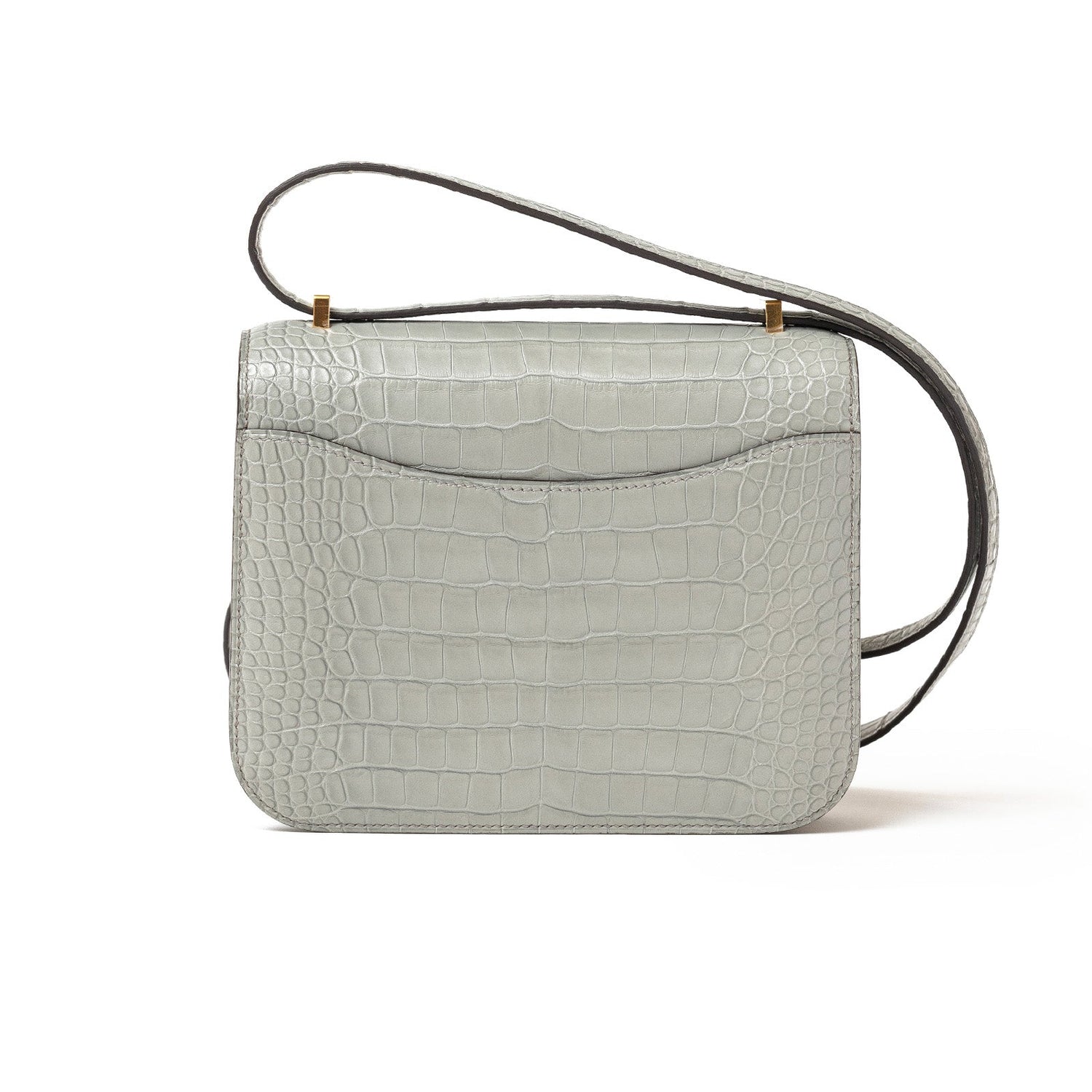 Back view of Hermès Mini Constance 18 Gris Ciment Matte Alligator Gold Hardware with adjustable strap visible