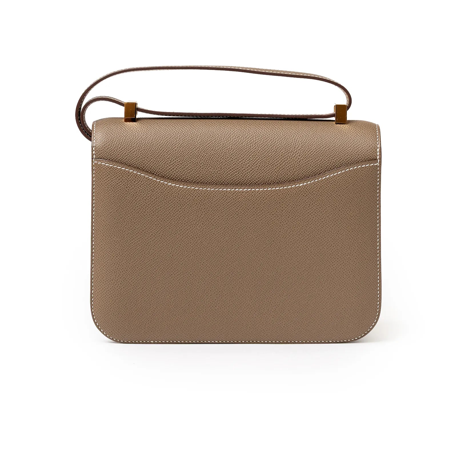 Back view of Hermès Constance 24 Etoupe Epsom Gold Hardware with smooth Etoupe leather and shoulder strap detail