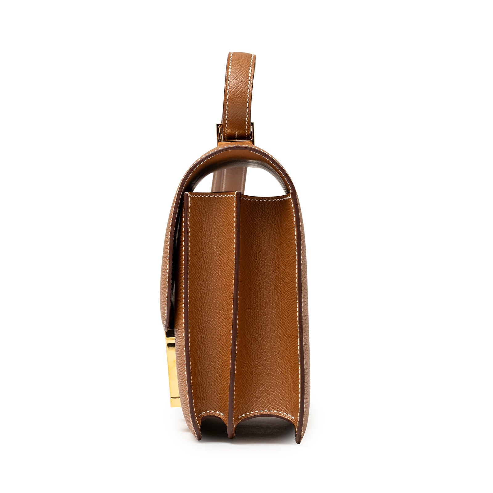 Side view of Hermès Constance 24 Gold Epsom Gold Hardware highlighting the layered structure and stitching detail