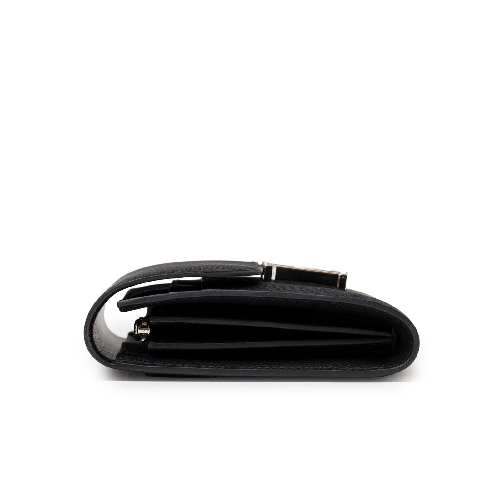 Side view of Hermès Constance Compact Wallet Black Epsom Palladium Hardware showing folded design and interior compartments