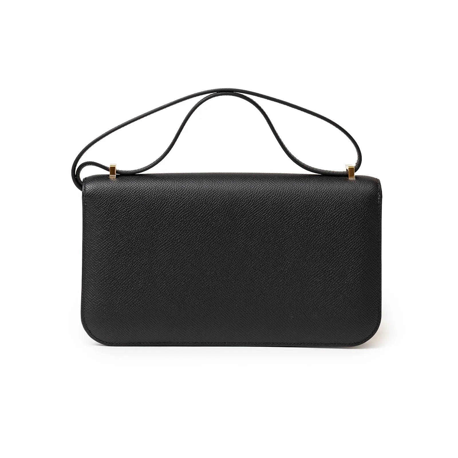 Back view of Hermès Constance Elan Black Epsom Gold Hardware showcasing smooth leather and gold strap attachments