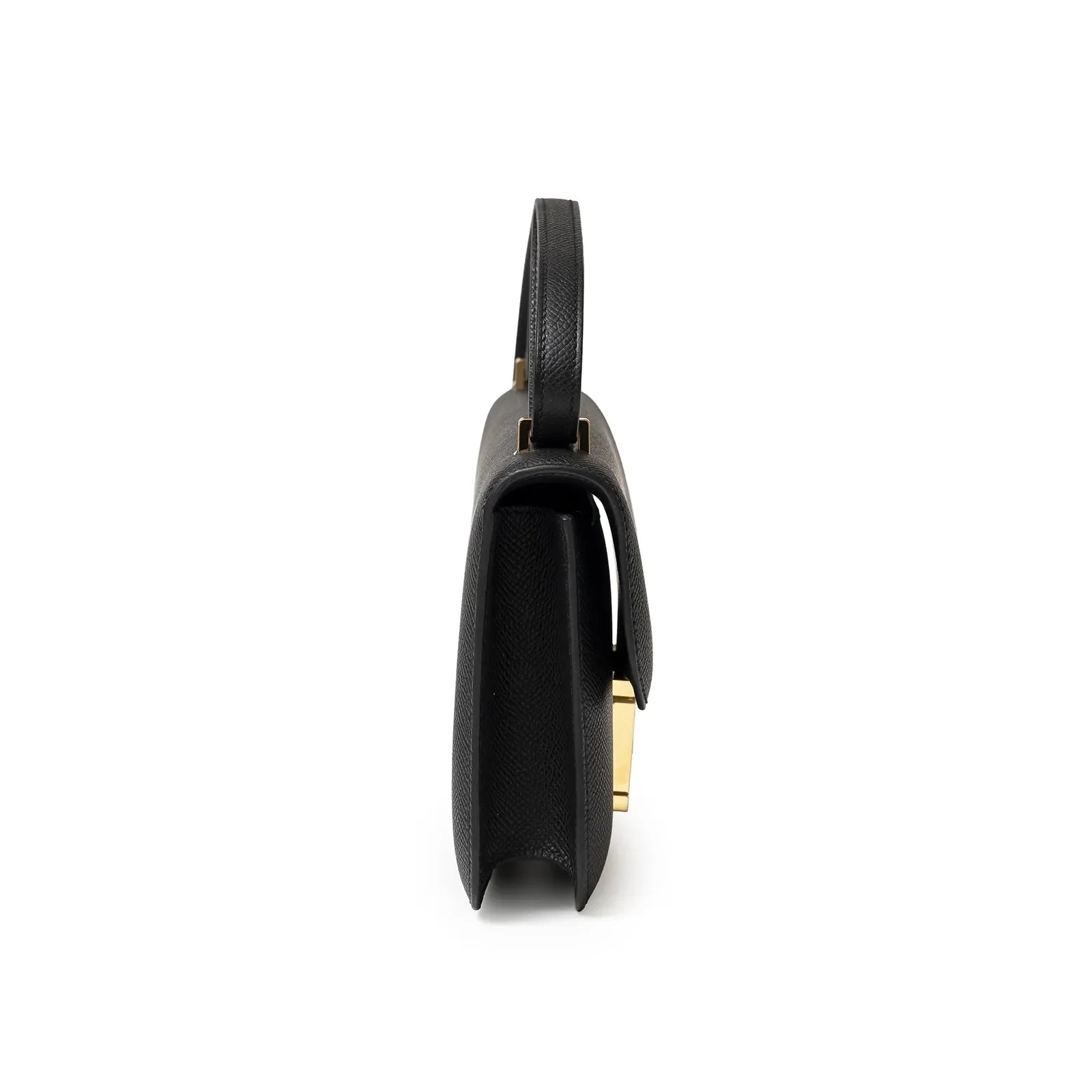 Side profile of Hermès Constance Elan Black Epsom Gold Hardware showcasing slim silhouette and structured handle