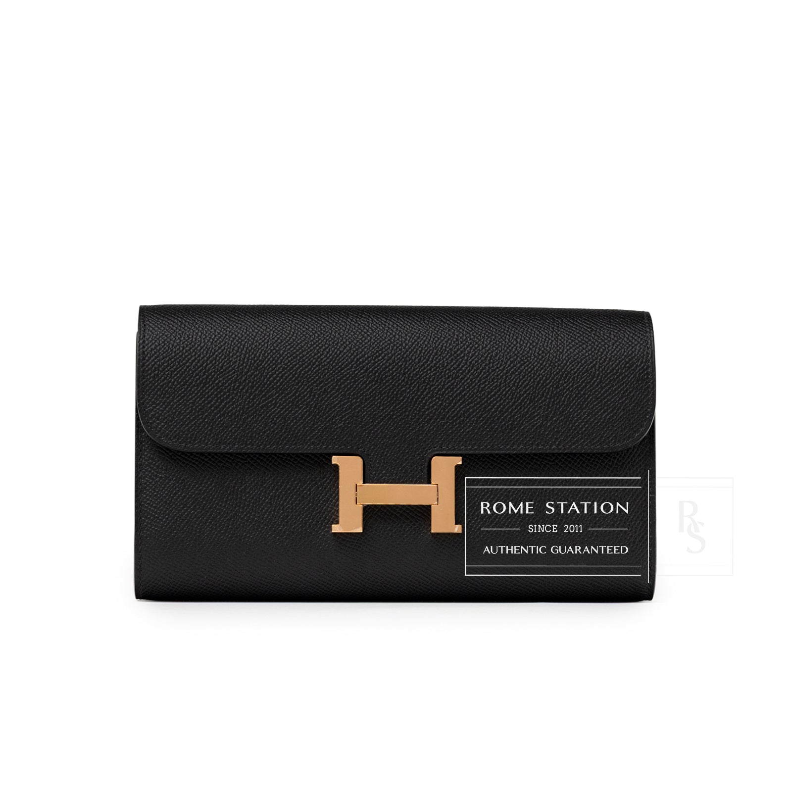 Front view of Hermès Constance To Go Wallet Black Epsom Rose Gold Hardware with signature H clasp detail