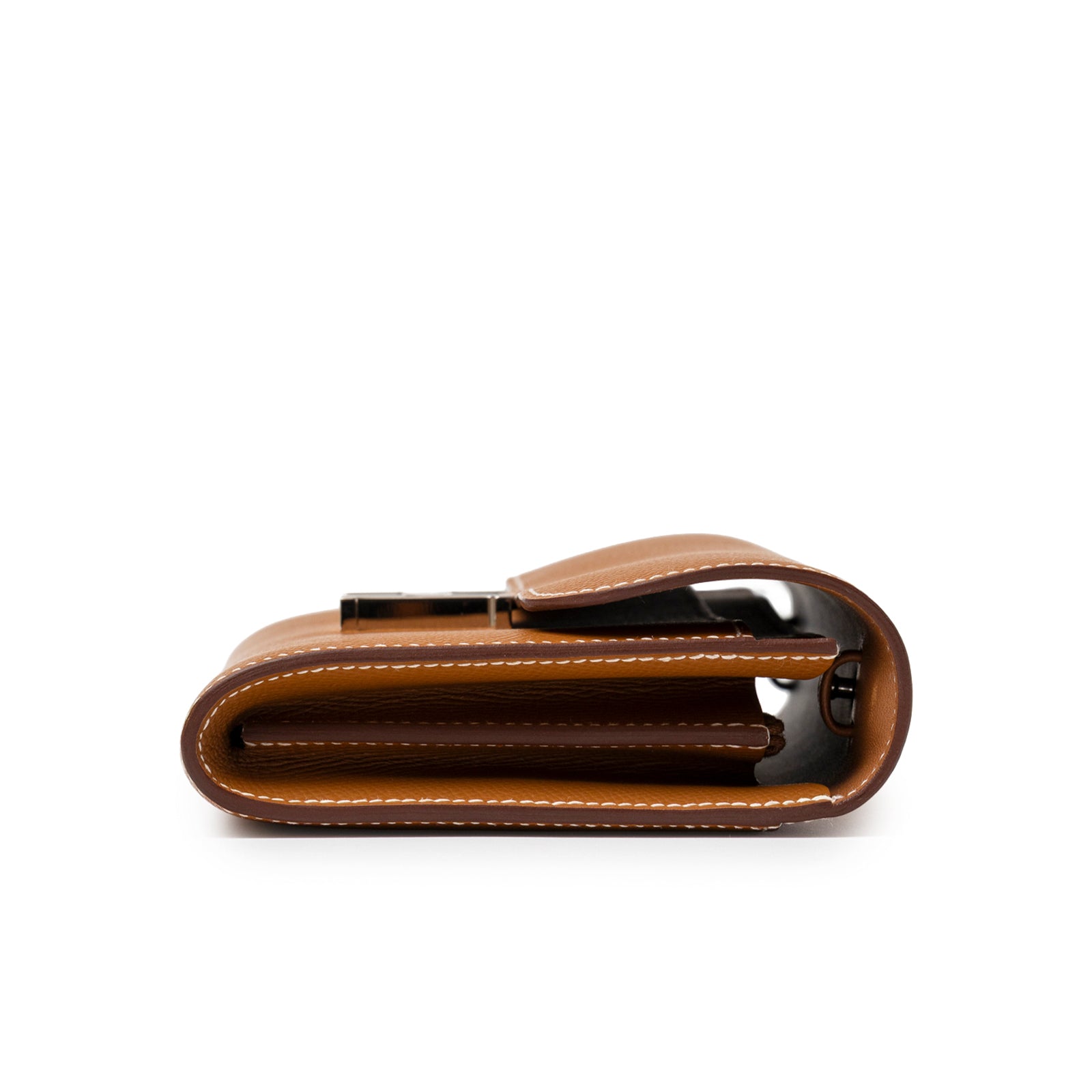 Side profile of Hermès Constance To Go Wallet Gold Epsom Palladium Hardware showing folded leather and stitching detail