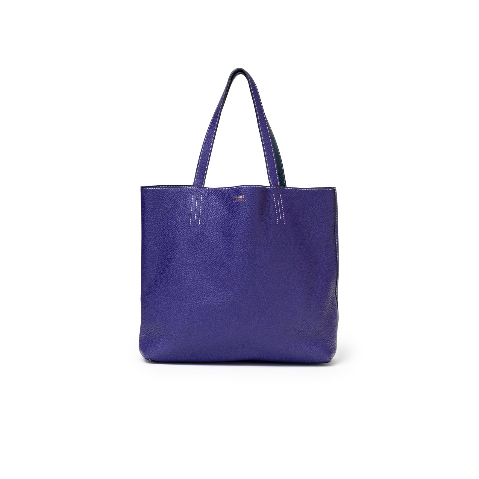 Front view of Hermès Double Sens Reversible Bicolor Shoulder Bag Clemence Violet/Blue leather with dual handles
