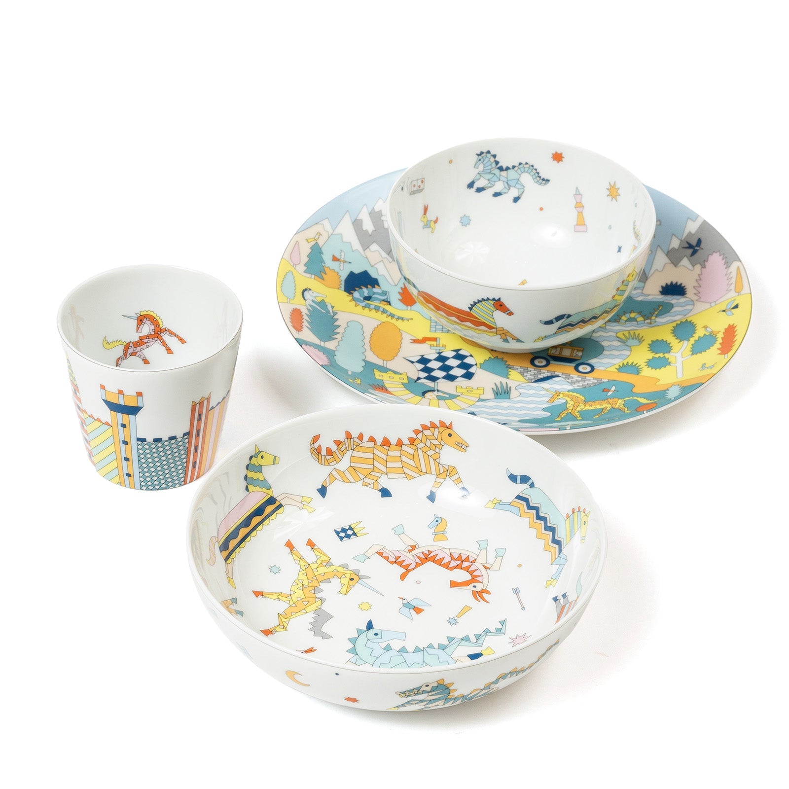 Hermès Epopee Set of 4; 2 Plate/1 Bowl/1 Cup Tableware Set