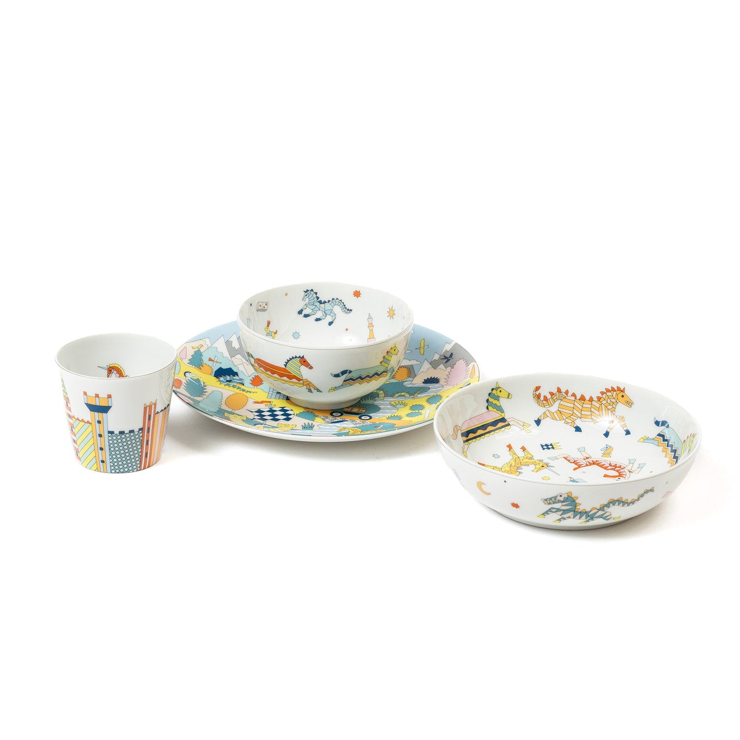 Hermès Epopee Set of 4; 2 Plate/1 Bowl/1 Cup Tableware Set