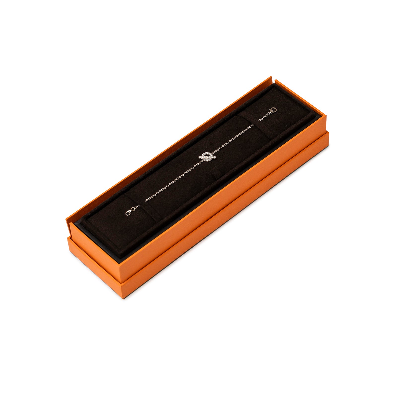 Hermès Finesse Bracelet Diamond and 18k White Gold elegantly displayed in a signature orange presentation box with black velvet lining