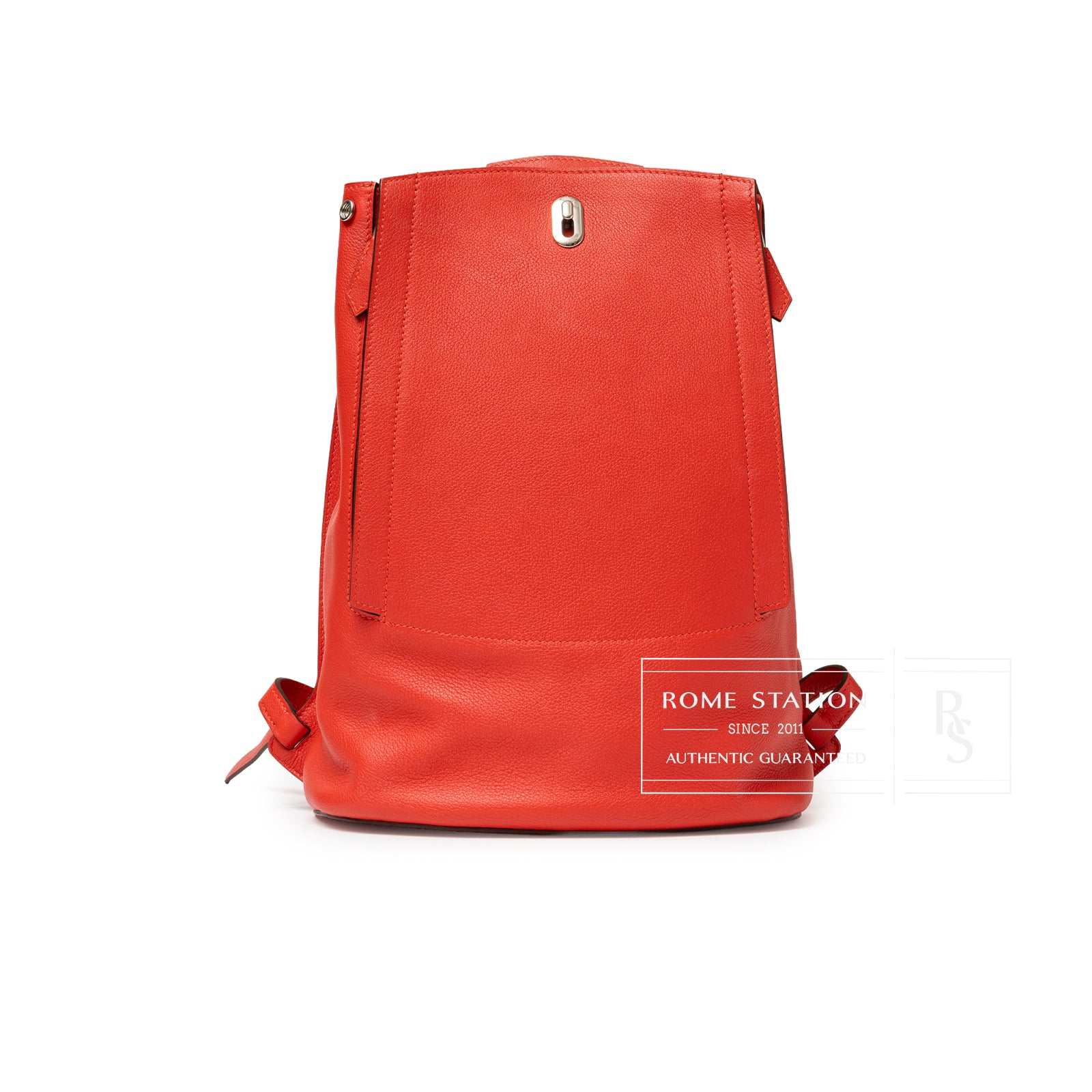 Front view of Hermès Gr24 Backpack Rouge Tomate Evercolor Palladium Hardware showing smooth red leather façade