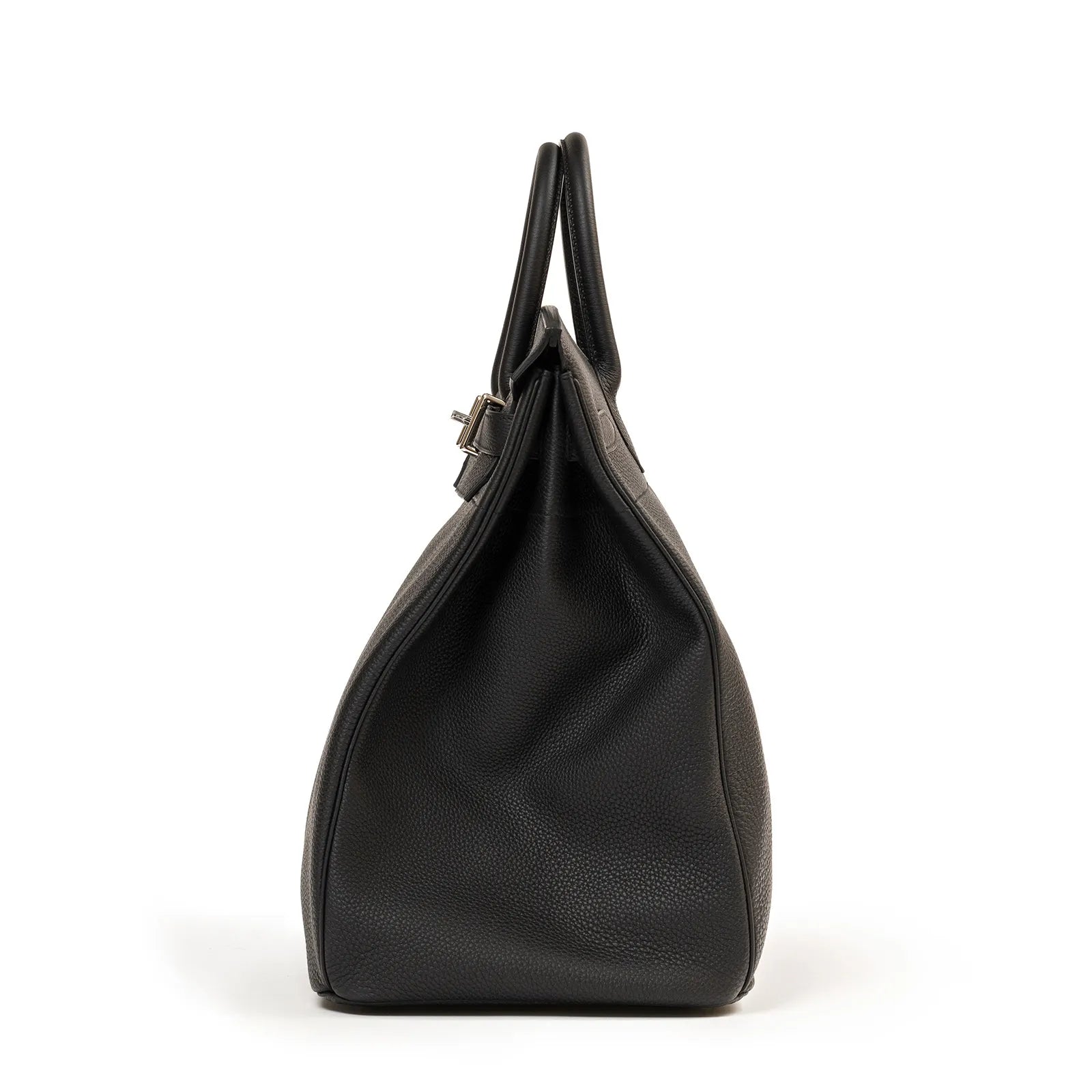 Side view of Hermès Hac Birkin 40 Black Togo leather bag with palladium hardware showing handle details