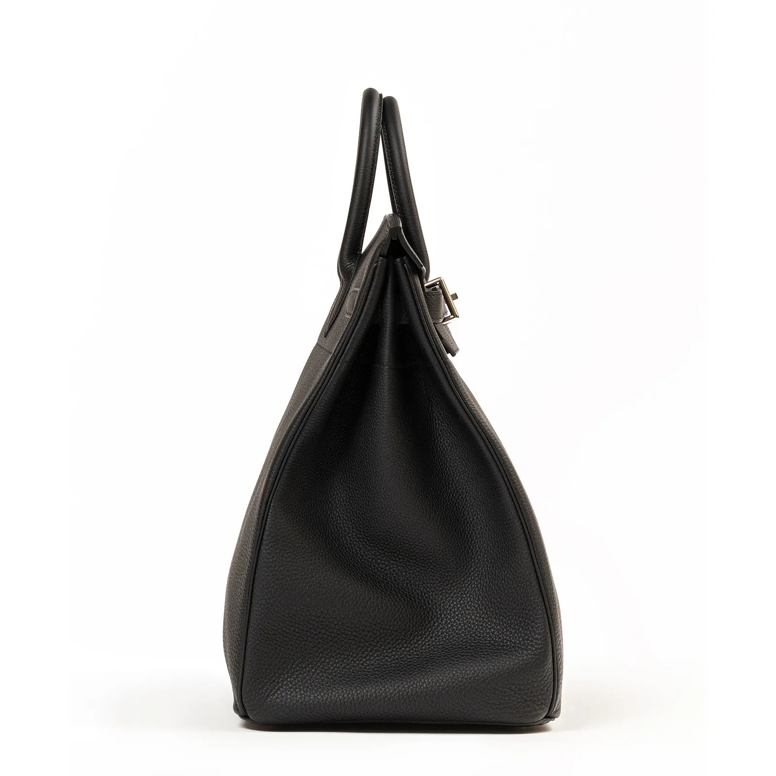 Side view of Hermès Hac Birkin 40 Black Togo leather handbag with palladium hardware and top handles.
