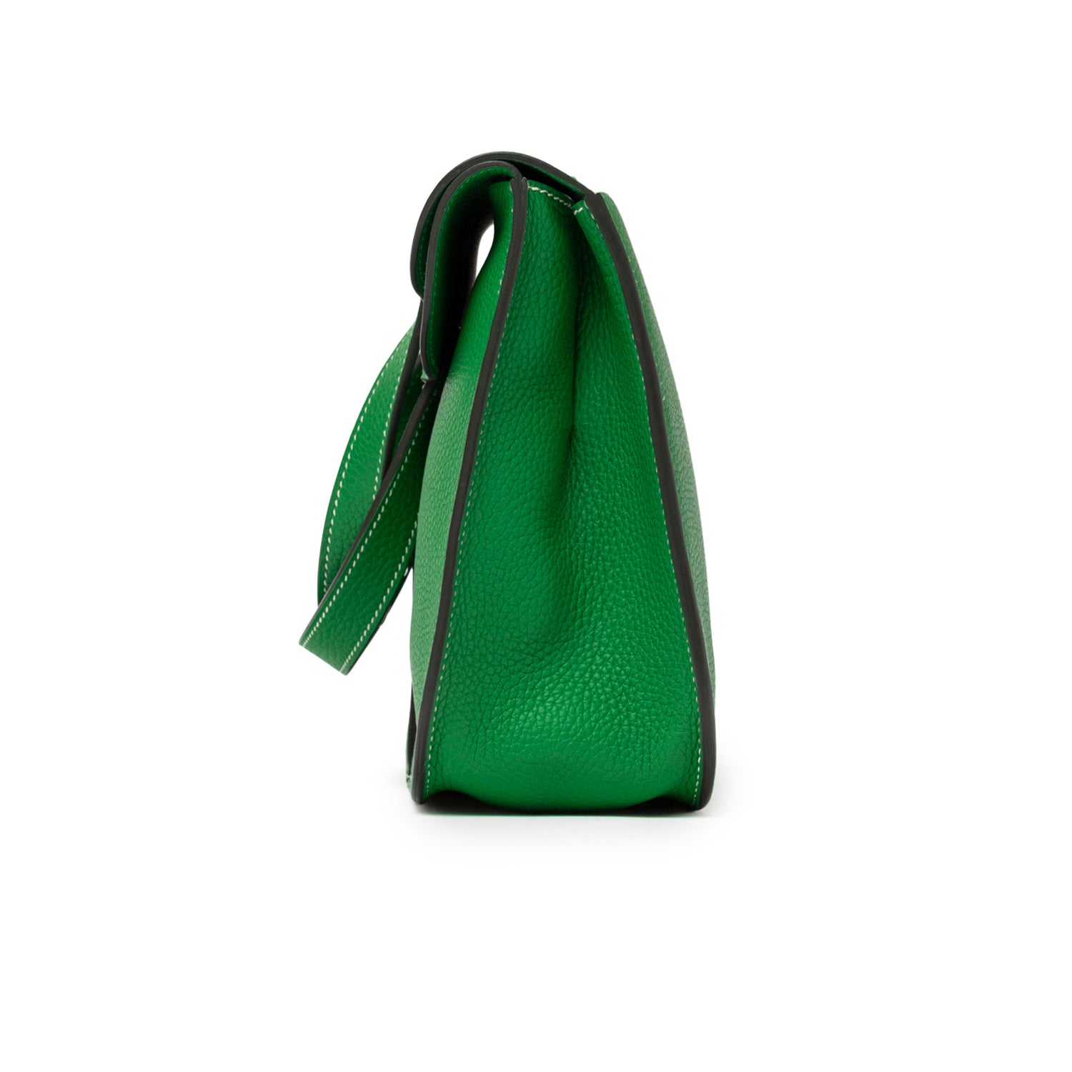 Side view of Hermès Halzan 31 Bambou Clemence Palladium Hardware showing pebbled leather texture and clean edges