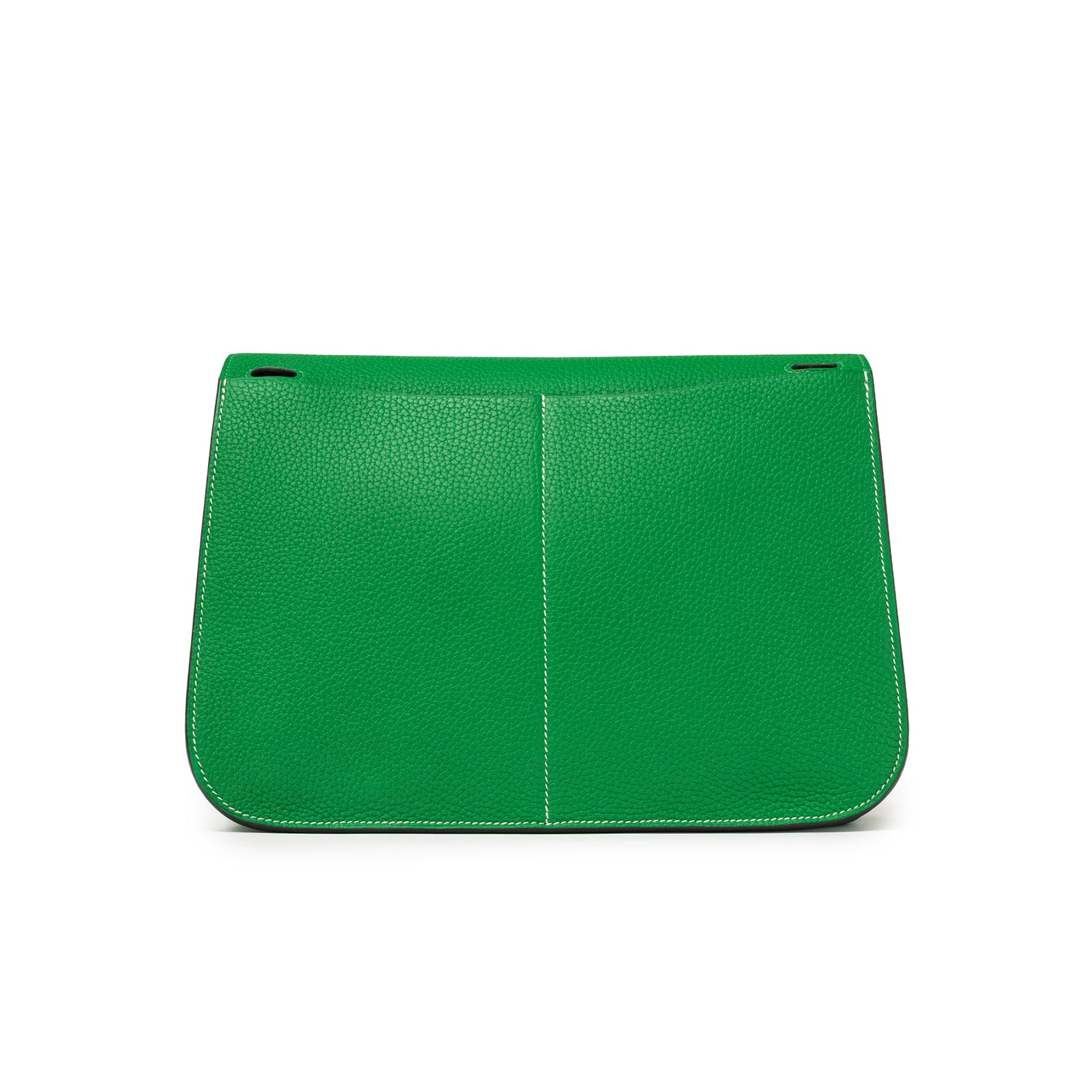 Back view of Hermès Halzan 31 Bambou Clemence Palladium Hardware showing vibrant green pebbled leather and stitching details