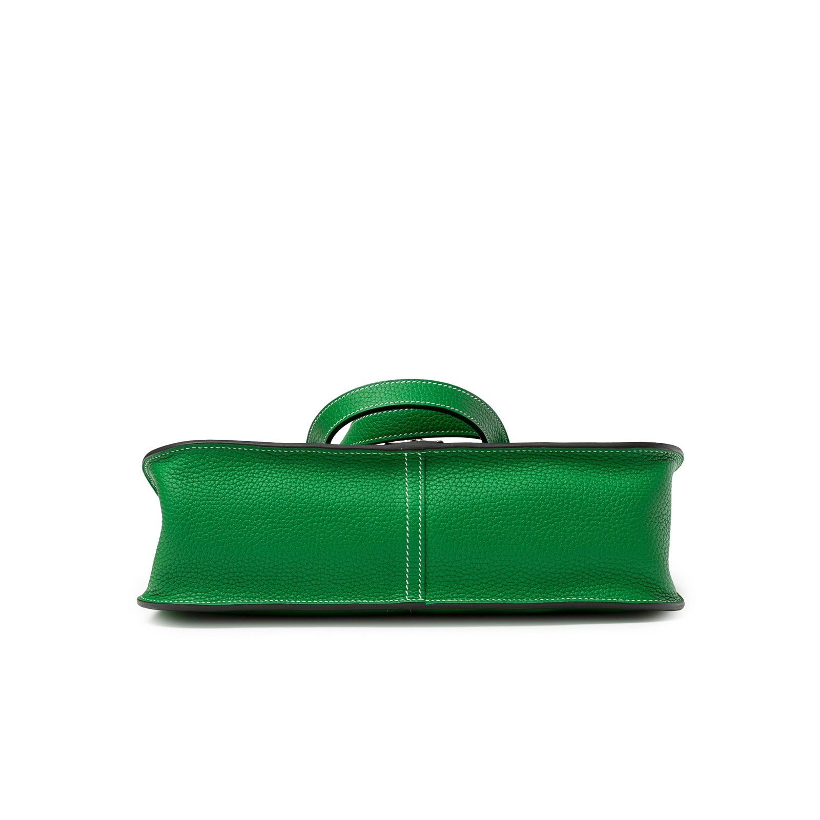 Bottom view of Hermès Halzan 31 Bambou Clemence Palladium Hardware showing vibrant green pebbled leather and white stitching details