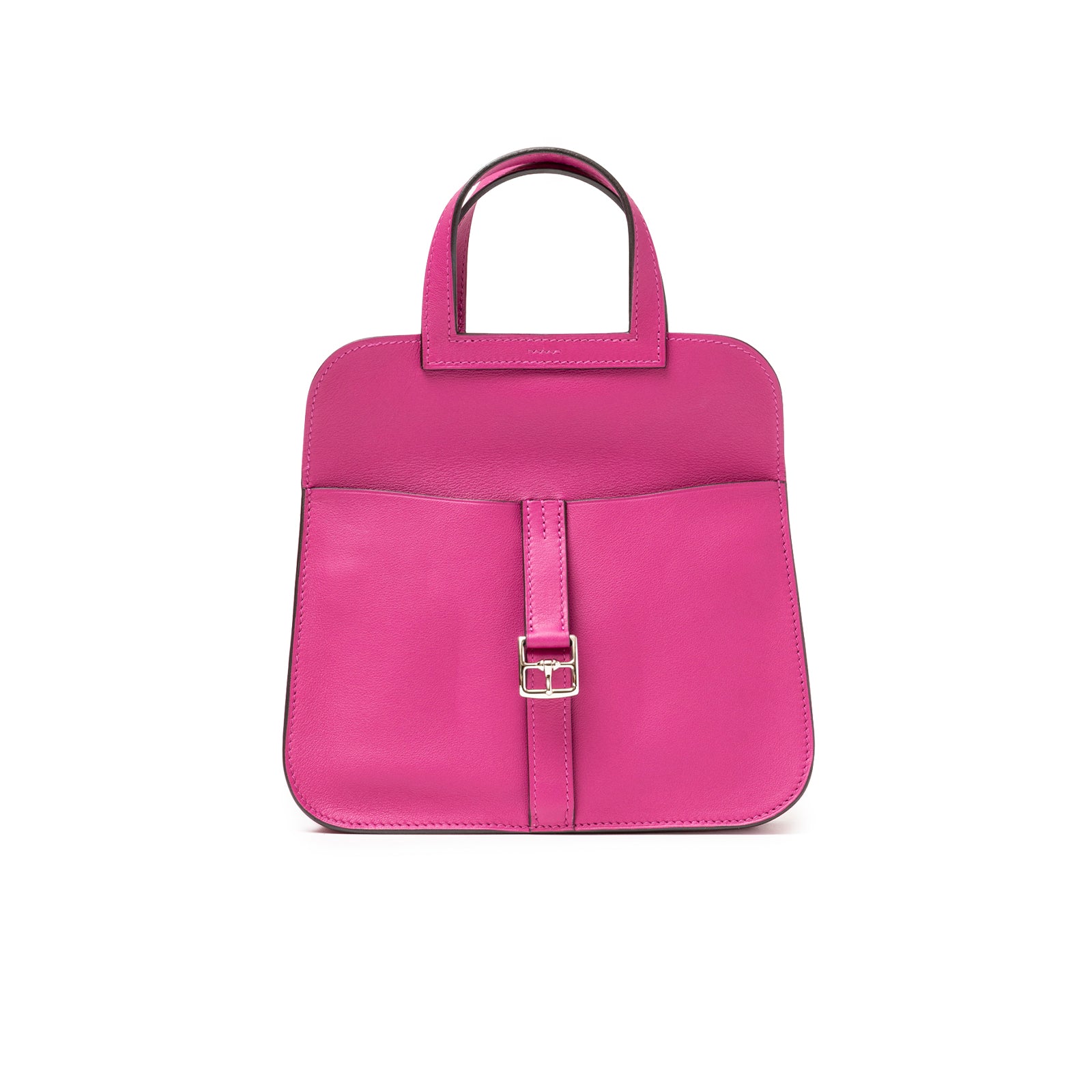 Front view of Hermès Halzan Mini Rose Pourpre Swift Palladium Hardware showing smooth leather and buckle strap detail