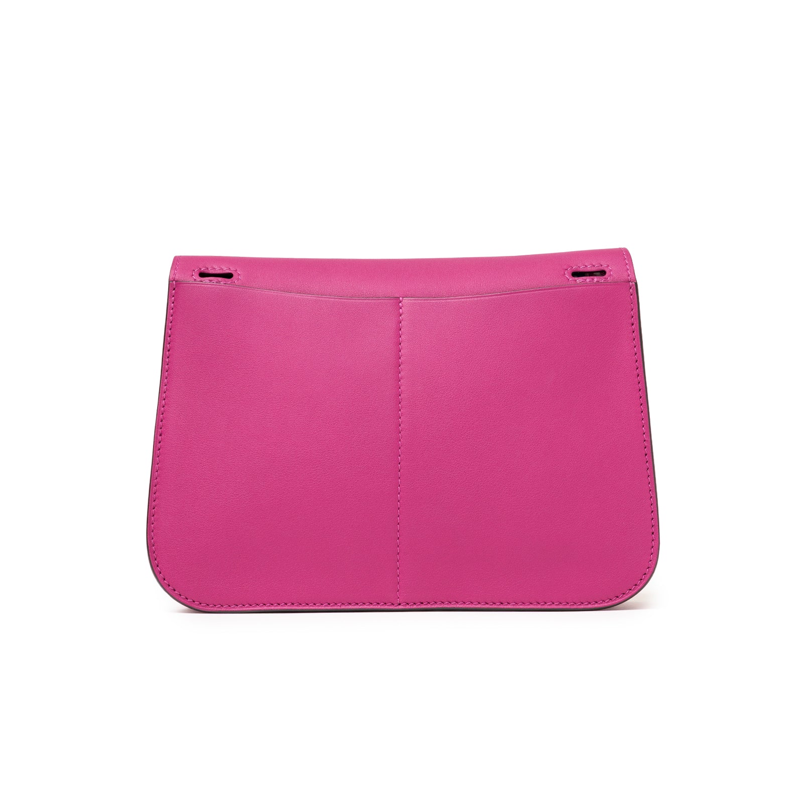 Back view of Hermès Halzan Mini Rose Pourpre Swift Palladium Hardware showing smooth leather and stitching detail