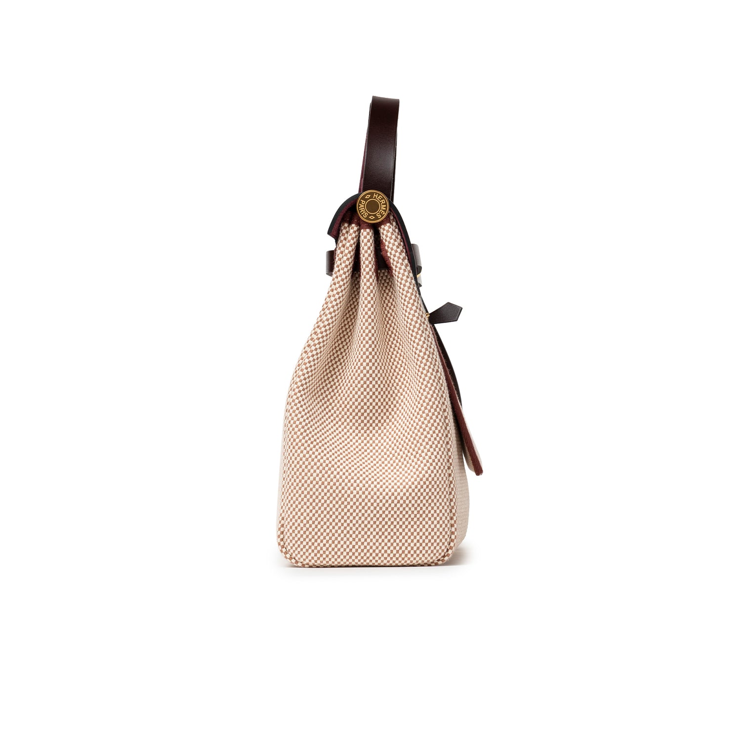 Side profile of Hermès Herbag Zip PM 31 Ecru and Beige Toile H Ebene Hunter Gold Hardware showing textured canvas and leather strap detail