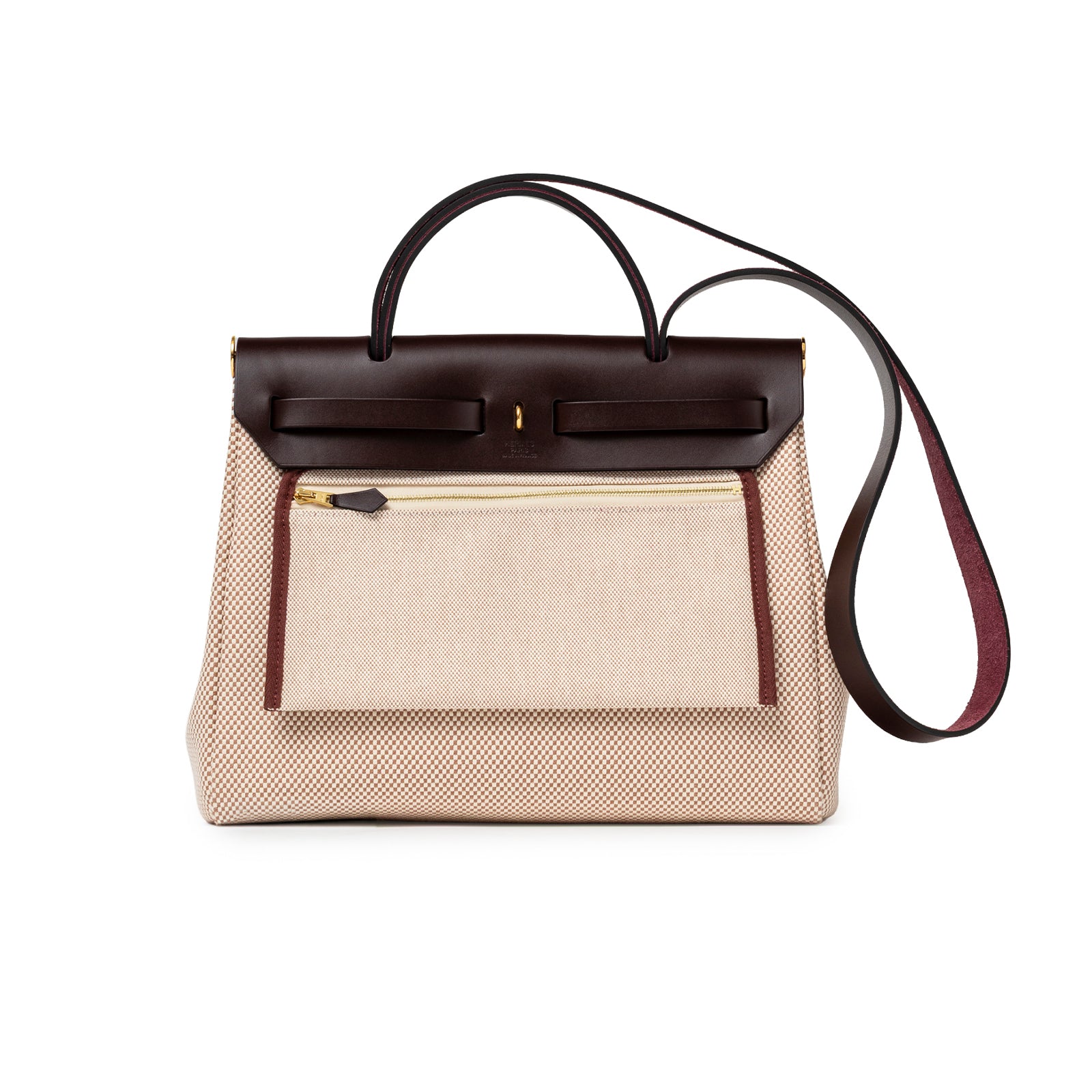 Back view of Hermès Herbag Zip PM 31 Ecru and Beige Toile H Ebene Hunter Gold Hardware with external zip pocket and leather handles